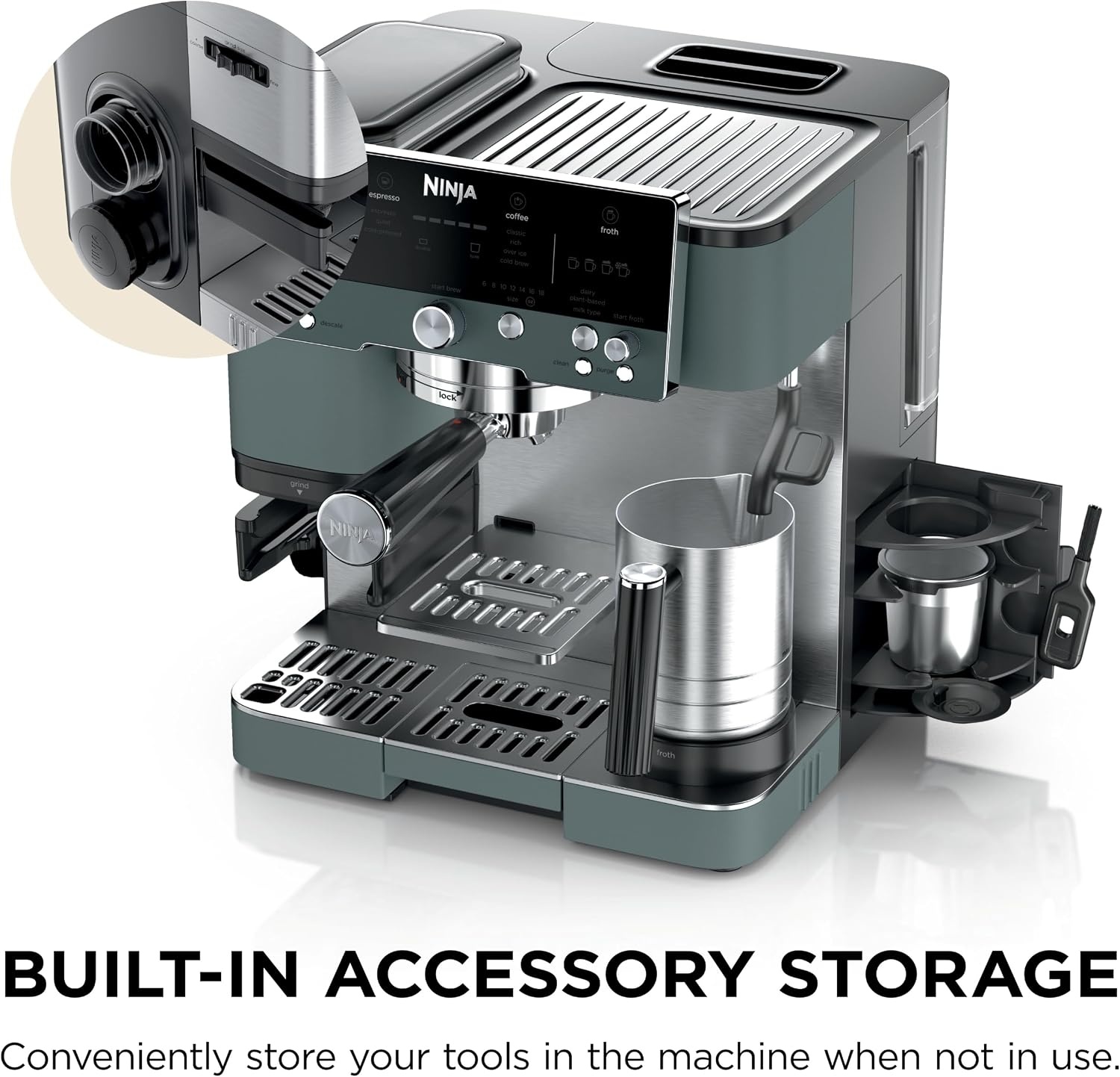 image:imageNinja Luxe Caf Premier Espresso amp Rapid Cold Brew Gunmetal ES601GM Drip Coffee Builtin Coffee Grinder HandsFree Milk Frother Assisted Tamper for Cappuccinos amp LattesGreen