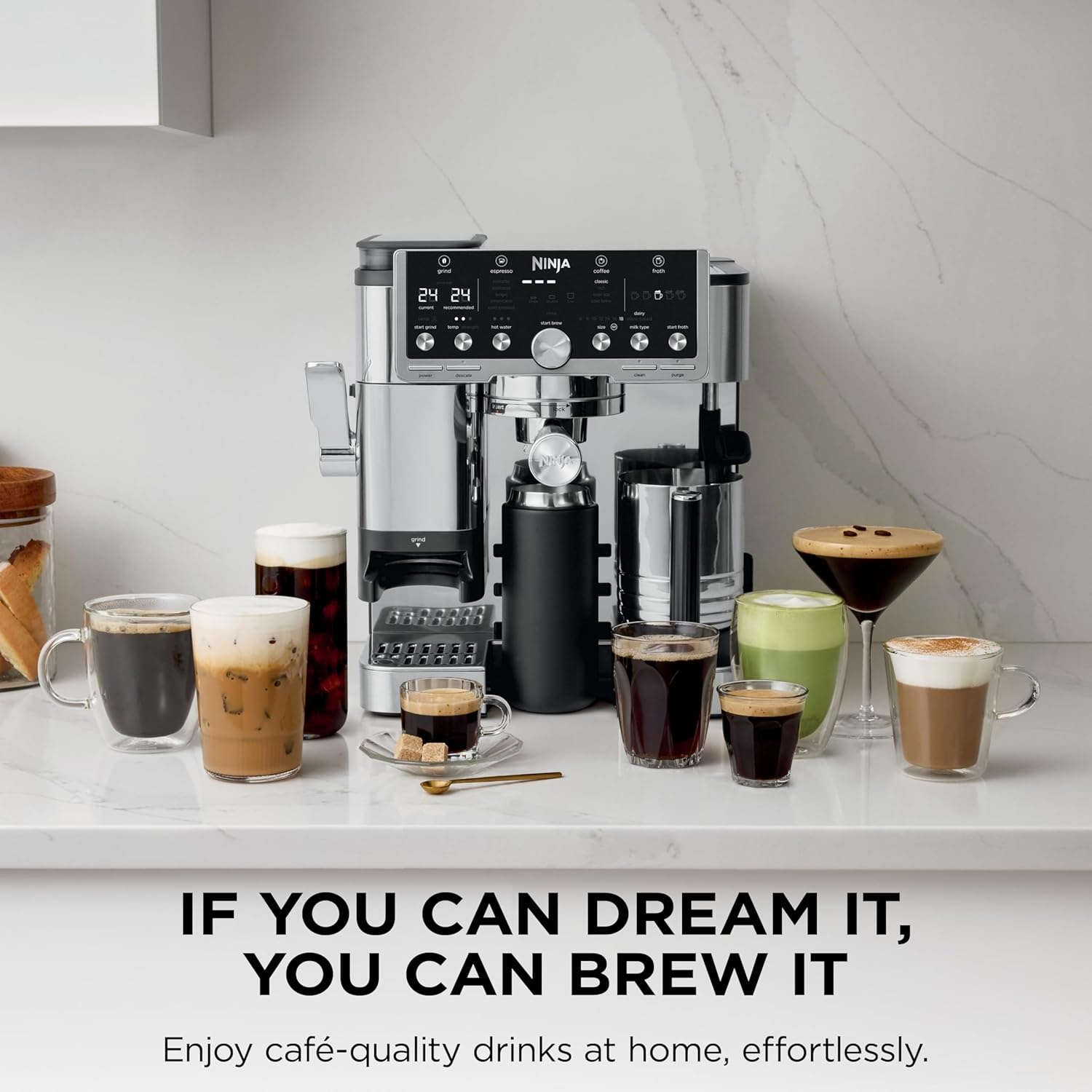 image:imageNinja Luxe Caf Pro Series Espresso Cold Brew Hot Water ES701 Drip Coffee Integrated Tamper Builtin Grinder HandsFree Frother for Cappuccinos Lattes Americanos Dairy or NonDairyStainless Steel