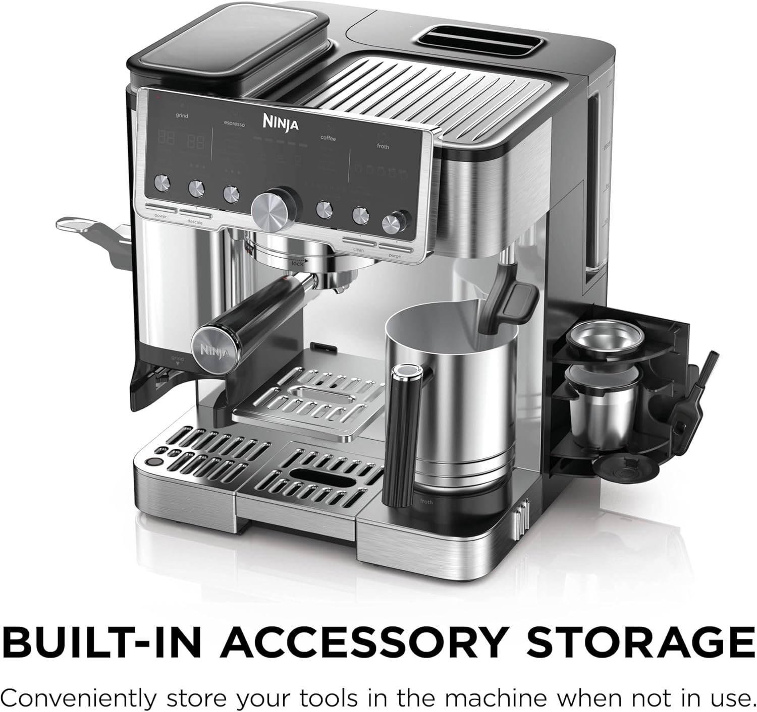 image:imageNinja Luxe Caf Pro Series Espresso Cold Brew Hot Water ES701 Drip Coffee Integrated Tamper Builtin Grinder HandsFree Frother for Cappuccinos Lattes Americanos Dairy or NonDairyStainless Steel
