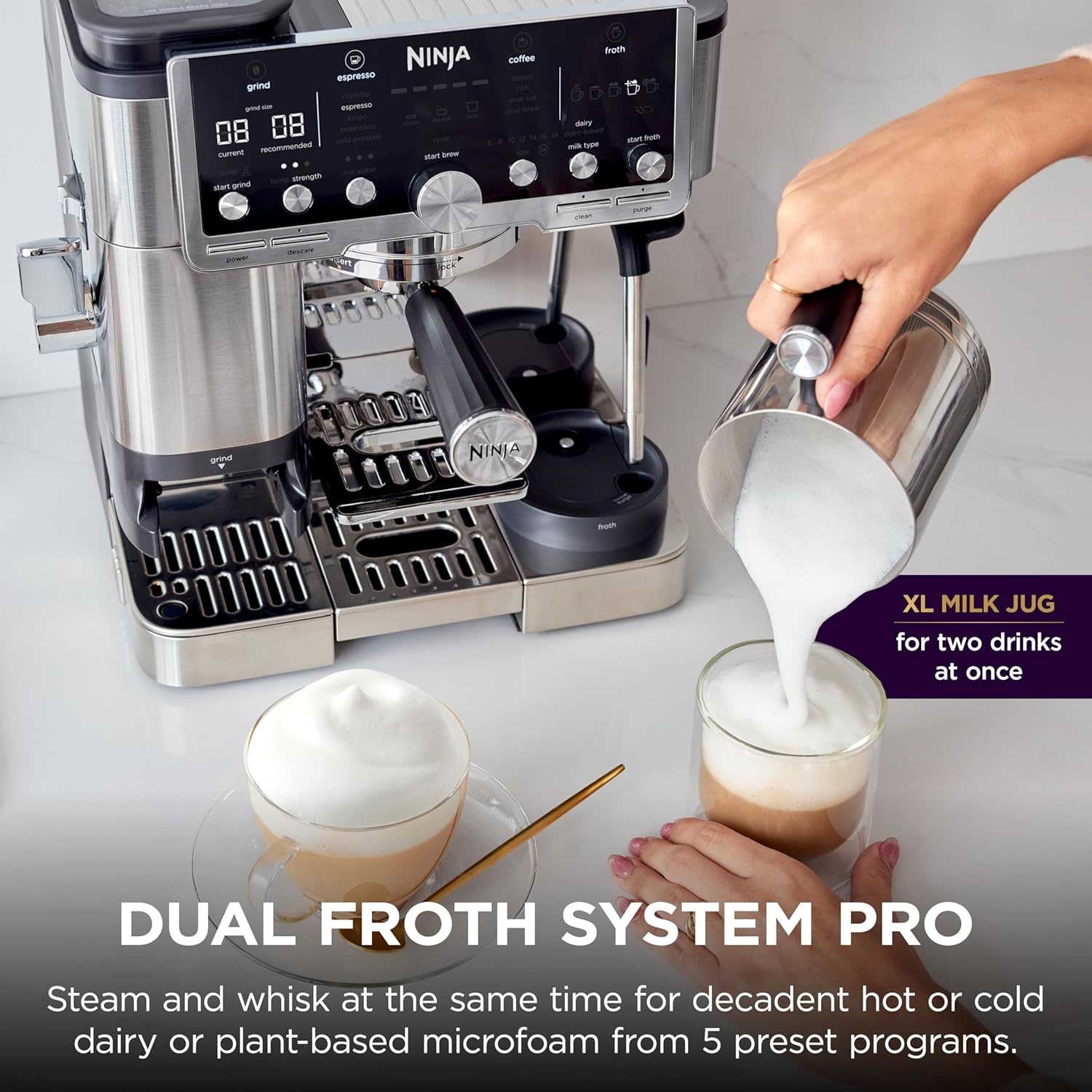 image:imageNinja Luxe Caf Pro Series Espresso Cold Brew Hot Water ES701 Drip Coffee Integrated Tamper Builtin Grinder HandsFree Frother for Cappuccinos Lattes Americanos Dairy or NonDairyStainless Steel