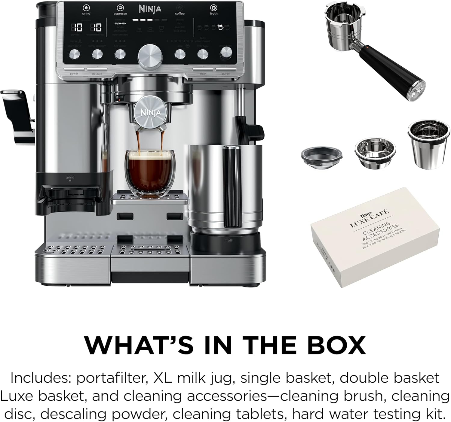 image:imageNinja Luxe Caf Pro Series Espresso Cold Brew Hot Water ES701 Drip Coffee Integrated Tamper Builtin Grinder HandsFree Frother for Cappuccinos Lattes Americanos Dairy or NonDairyStainless Steel