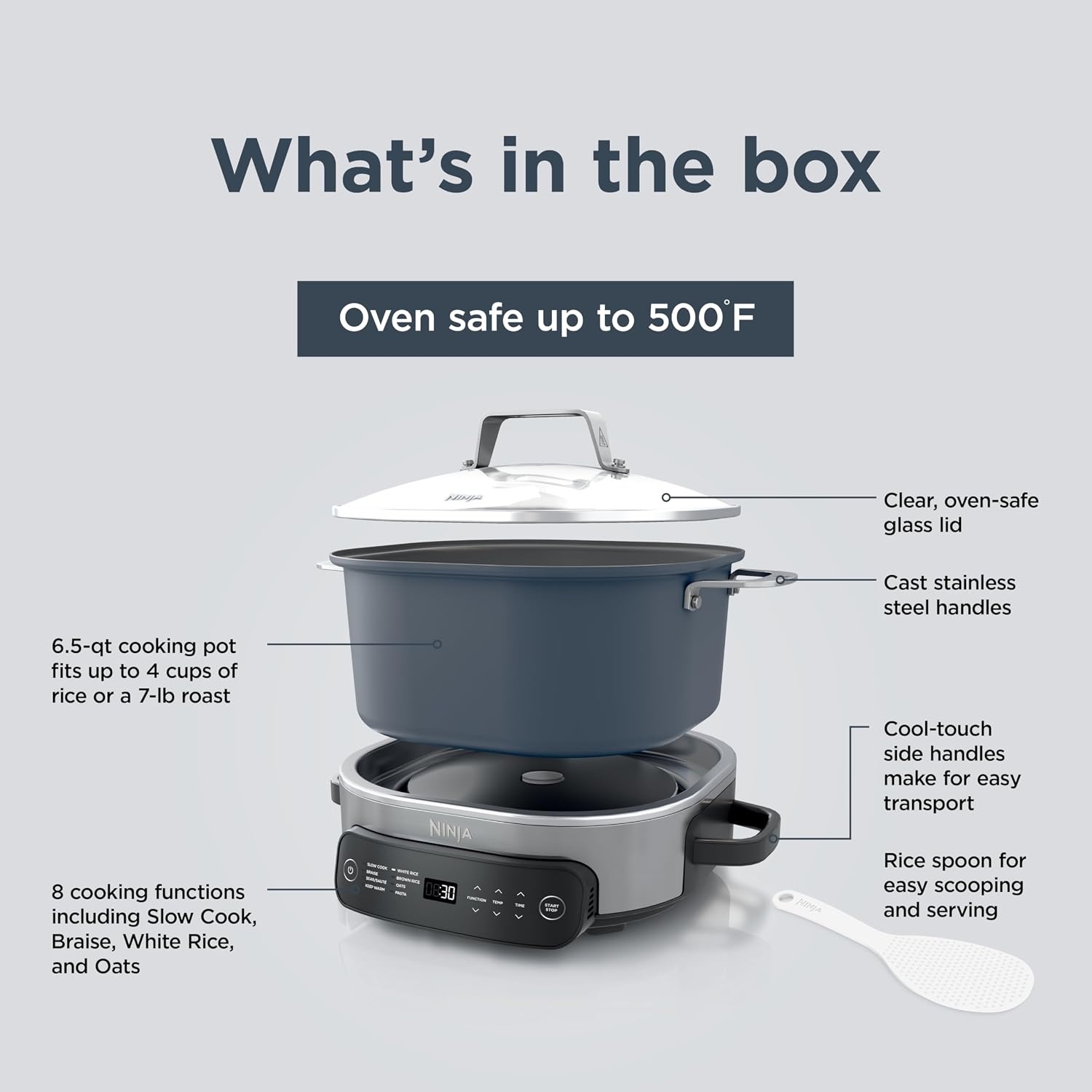 image:imageNinja PossibleCooker PRO 14in1 85qt Sea Salt Gray MC1001 14in1 replaces 14 appliances Triple Fusion Heat slow cook saut roast amp steam nonstick ovensafe pot to 500FMidnight Blue