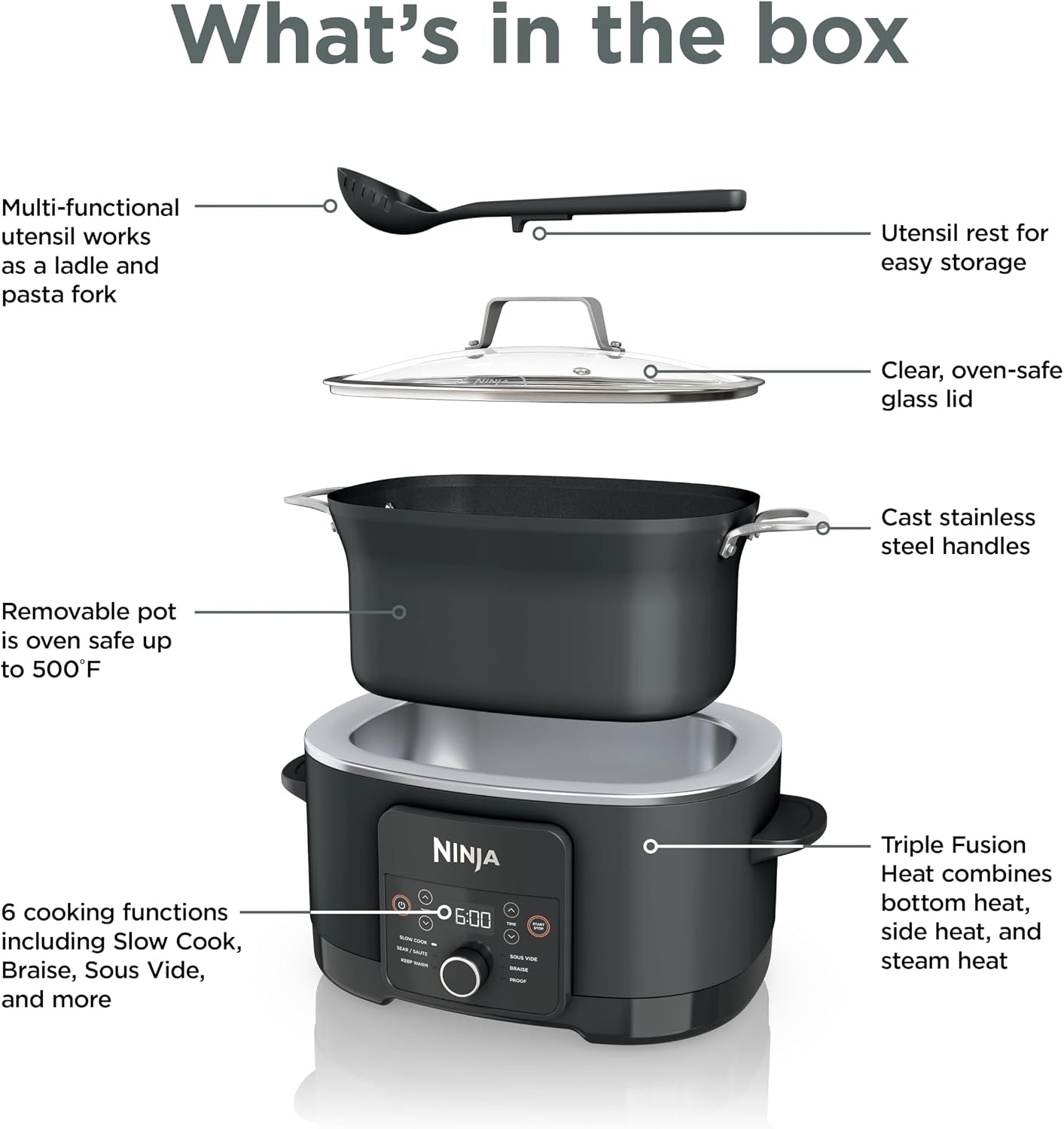 image:imageNinja PossibleCooker PRO 14in1 85qt Sea Salt Gray MC1001 14in1 replaces 14 appliances Triple Fusion Heat slow cook saut roast amp steam nonstick ovensafe pot to 500FBlack