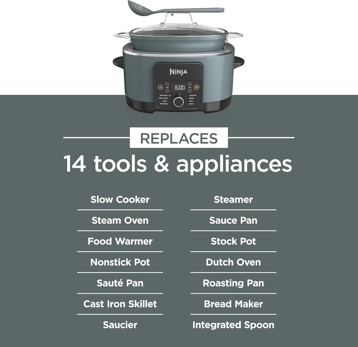 image:imageNinja PossibleCooker PRO 14in1 85qt Sea Salt Gray MC1001 14in1 replaces 14 appliances Triple Fusion Heat slow cook saut roast amp steam nonstick ovensafe pot to 500FGray