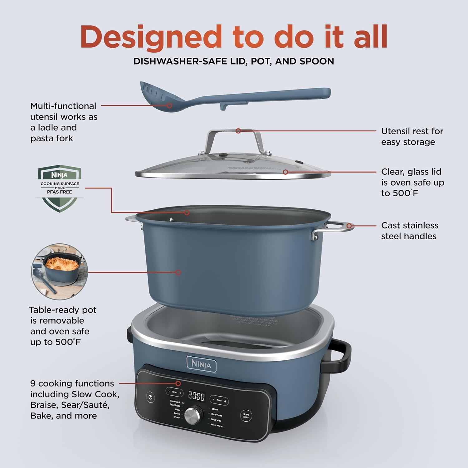 image:imageNinja PossibleCooker PRO 14in1 85qt Sea Salt Gray MC1001 14in1 replaces 14 appliances Triple Fusion Heat slow cook saut roast amp steam nonstick ovensafe pot to 500FBlue
