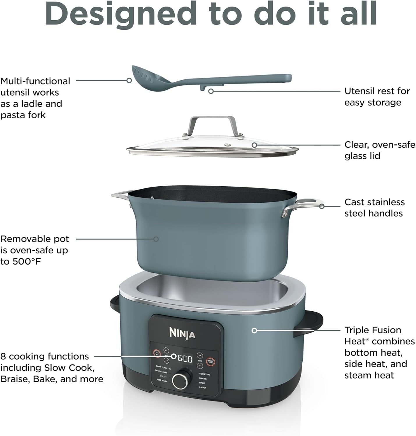 image:imageNinja PossibleCooker PRO 14in1 85qt Sea Salt Gray MC1001 14in1 replaces 14 appliances Triple Fusion Heat slow cook saut roast amp steam nonstick ovensafe pot to 500FGray
