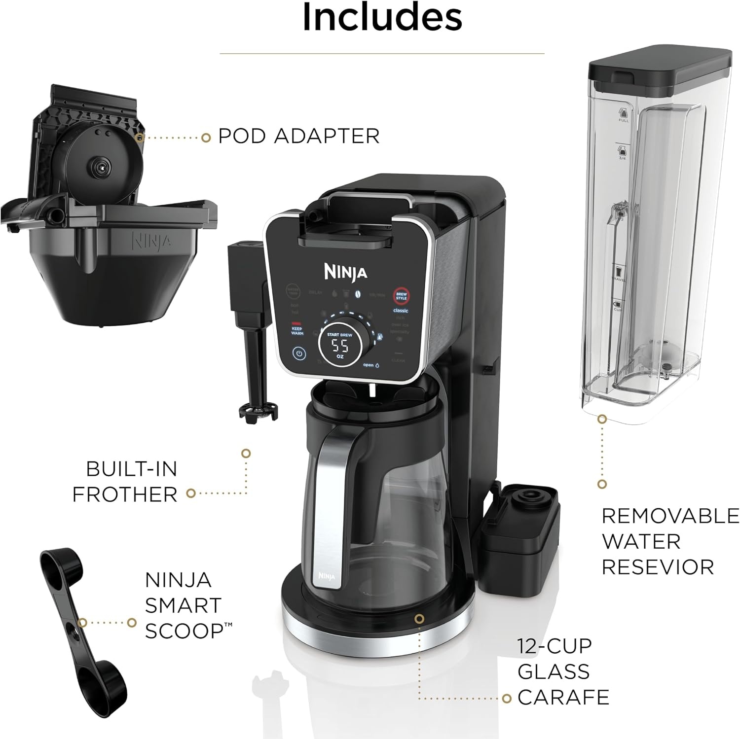 image:imageNinja Specialty Drip Coffee Maker DualBrew Pro Black CFP301 Coffee Machine w Frother Paper Filter Brew with Pods amp Grounds K Cups Compatible 4 Brew Styles 13 Cup to Pot Sizesw K Cup Combo Paper Filter