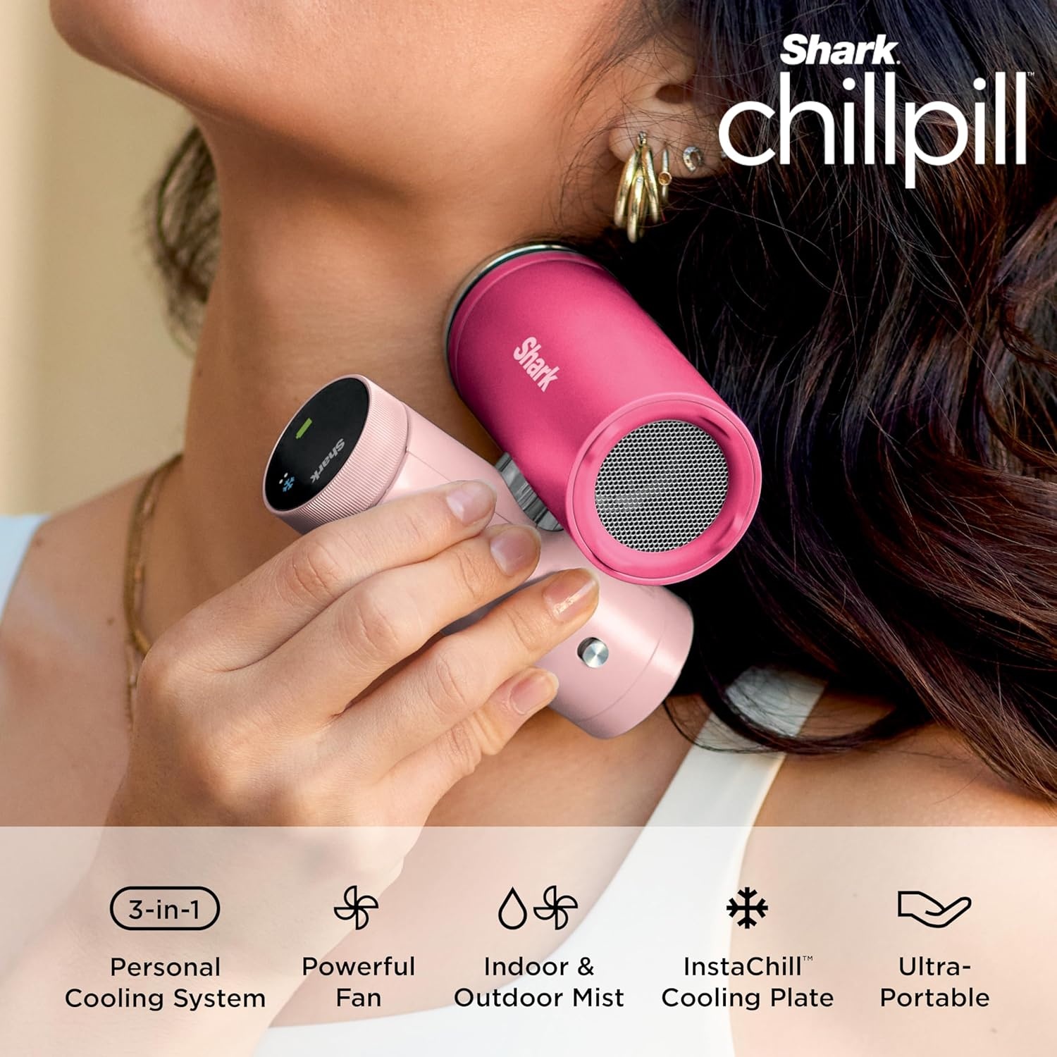 image:imageShark ChillPill 3in1 Fan Mist and Cooling Plate Haze FA022LV 3in1 Cooling System Handheld or Wearable Drops Skin Temp up to 16 Indoor Outdoor DryTouch Mist 10 SpeedsIced Latte