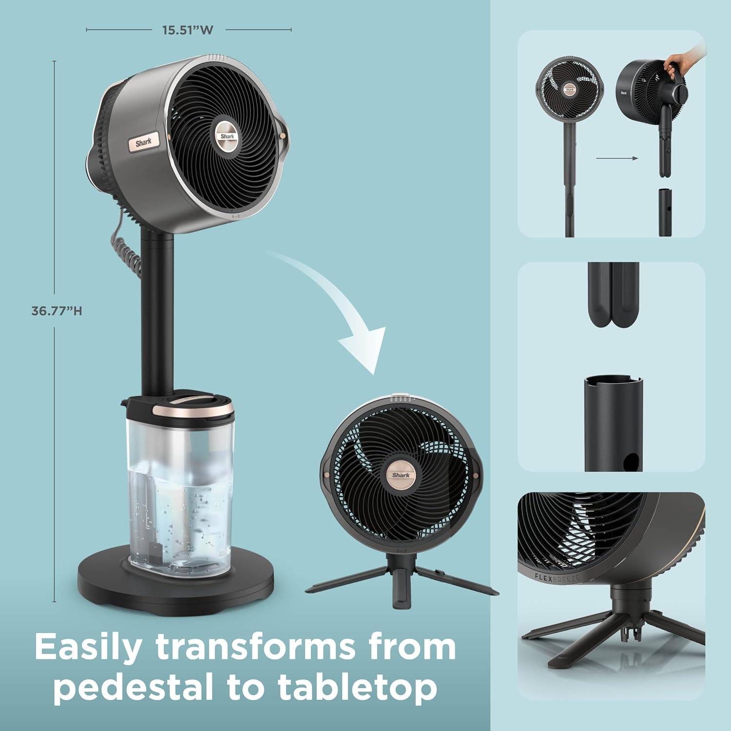 image:imageShark FlexBreeze Pro Mist 2in1 Fan with Integrated Mist White FA302WH CordedCordless Pedestal to Tabletop up to 24Hr Battery up to 70 Ft of Power 5 Speeds with Integrated Misting TankGrey FlexBreeze ProMist w Portable Tank