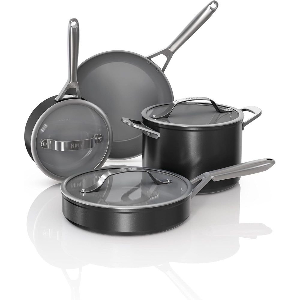 image:imageNinja Ceramic Cookware Set 11Piece Kitchen Set Navy Blue CW49011 Extended Life with Comfort Grip Nonstick Fry Pans Pots PTFE Free Oven amp Dishwasher Safe Stovetop CompatibleBlack