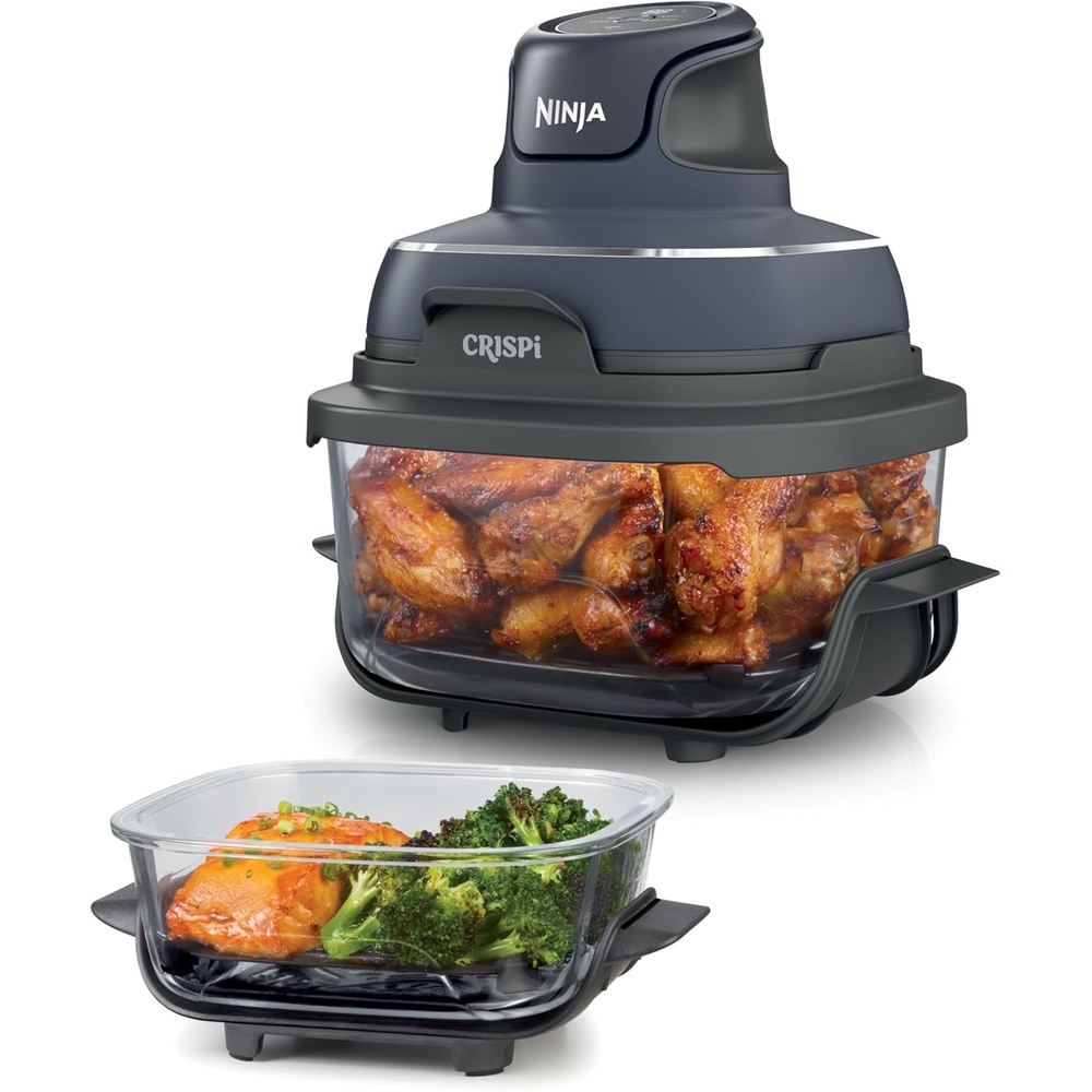 image:imageNinja Crispi Glass Air Fryer 4in1 Green FN101SG Max crisp bake air fry recrisp 450F max 4 Qt and 6 Cup containers PFASfree glassCyberspace Gray