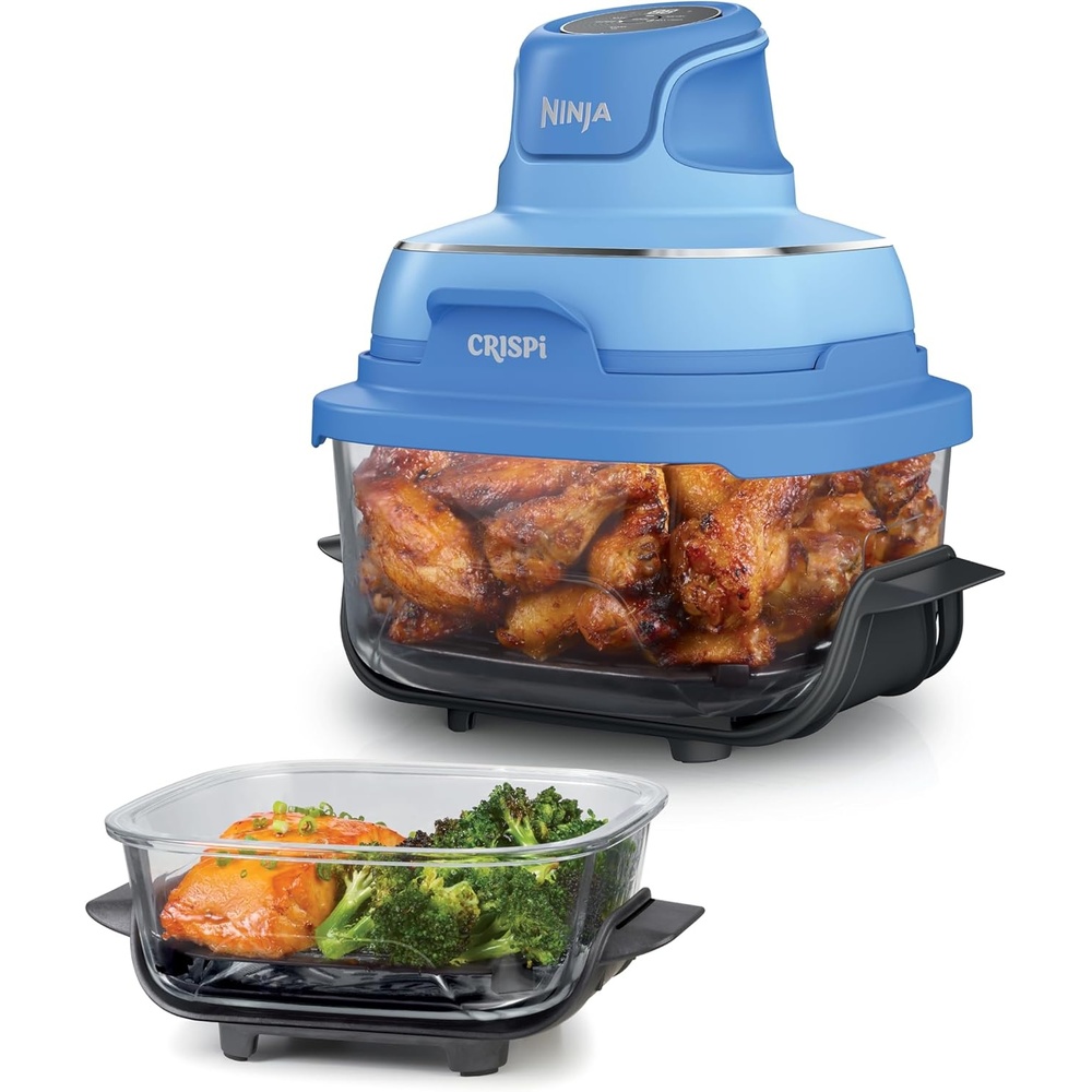 image:imageNinja Crispi Glass Air Fryer 4in1 Green FN101SG Max crisp bake air fry recrisp 450F max 4 Qt and 6 Cup containers PFASfree glassElectric Cobalt