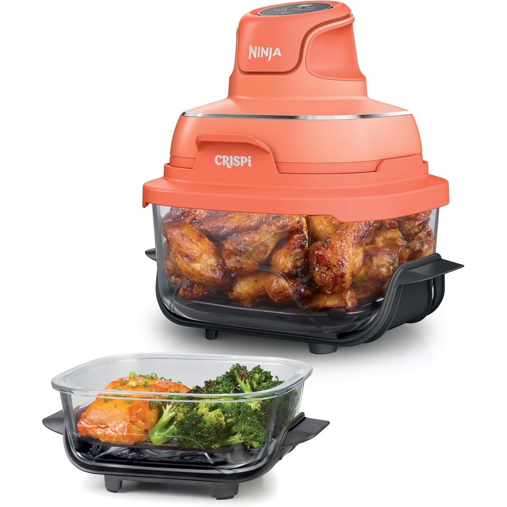 image:imageNinja Crispi Glass Air Fryer 4in1 Green FN101SG Max crisp bake air fry recrisp 450F max 4 Qt and 6 Cup containers PFASfree glassOrange Pepper