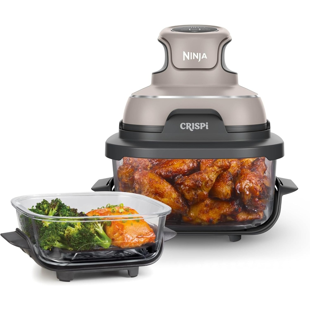 image:imageNinja Crispi Glass Air Fryer 4in1 Green FN101SG Max crisp bake air fry recrisp 450F max 4 Qt and 6 Cup containers PFASfree glassStone