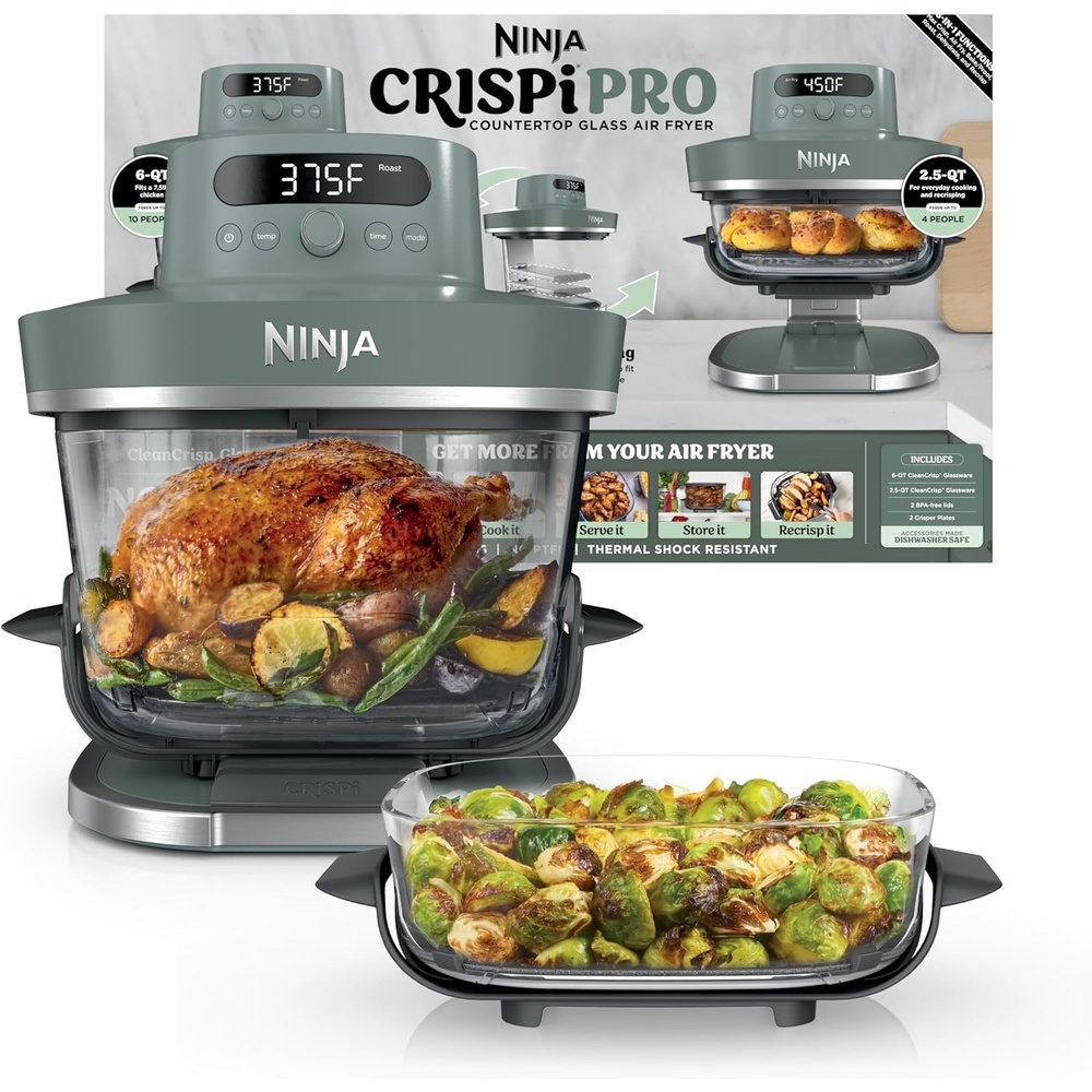 image:imageNinja Crispi Pro Glass Air Fryer 6in1 Cyberspace AS101CY Max crisp air fry bake roast recrisp dehydrate 1800W 450F max 6Qt 25Qt containersAsh Grey