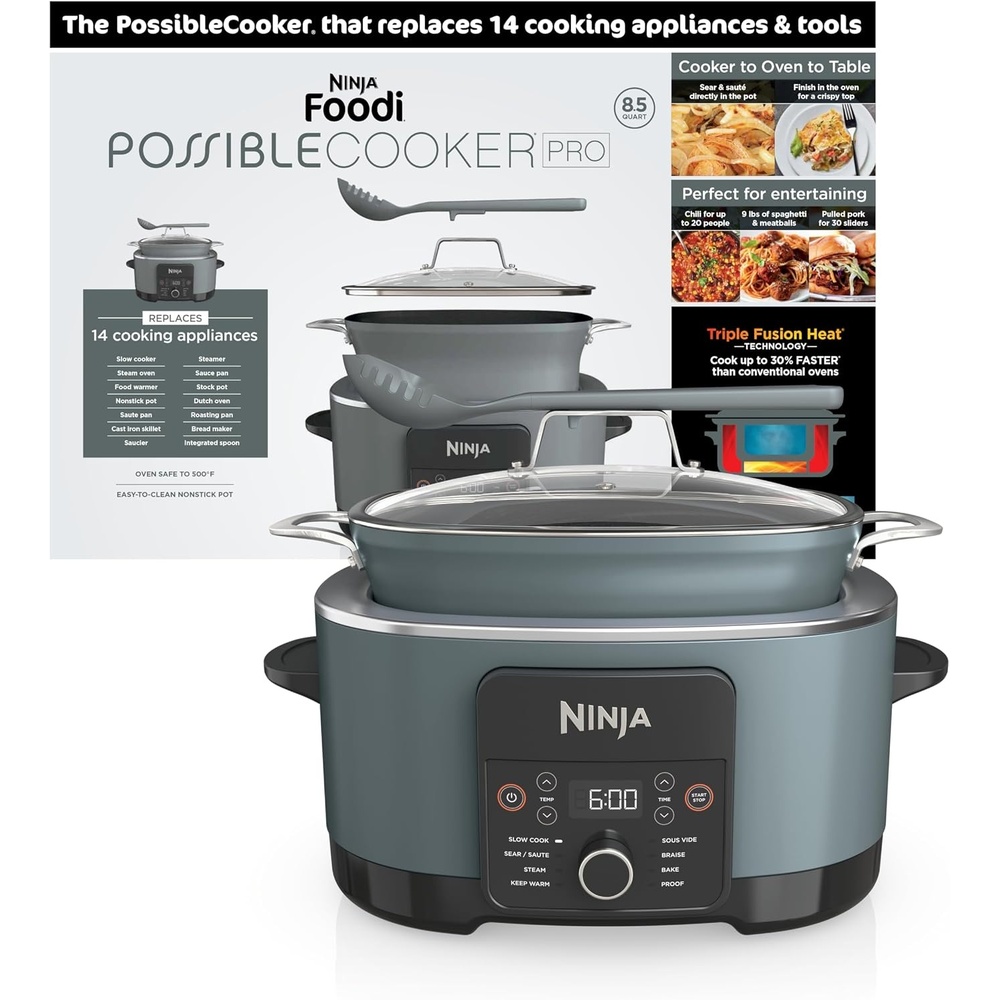 image:imageNinja PossibleCooker PRO 14in1 85qt Sea Salt Gray MC1001 14in1 replaces 14 appliances Triple Fusion Heat slow cook saut roast amp steam nonstick ovensafe pot to 500FGray