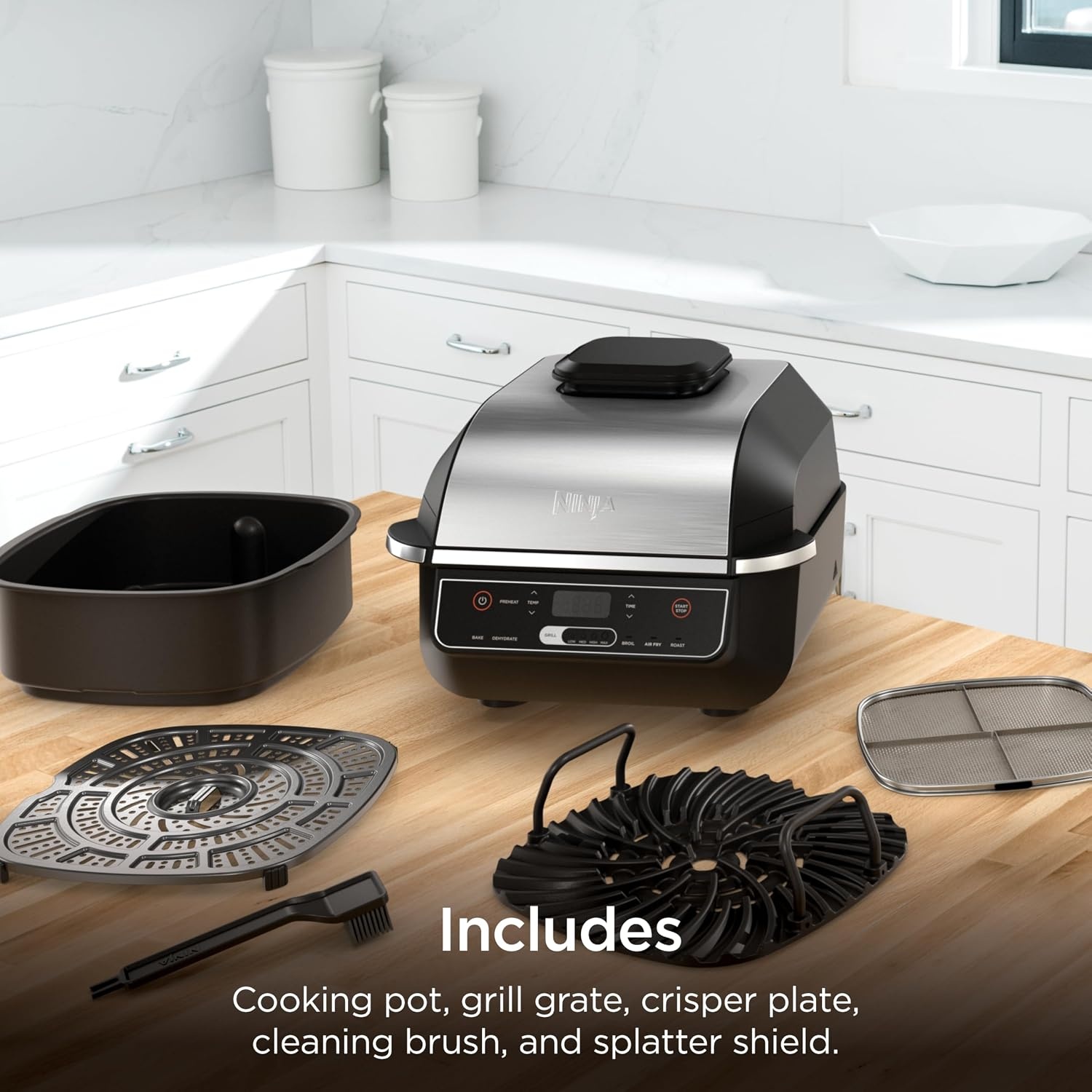 image:imageNinja Foodi 6in1 Indoor Grill amp Air Fryer 500F BlackSilver EG201 Cyclonic Grilling 500F Surround Searing for chargrilled marks virtually smokefree 6in1 Grill Air Fry Roast amp more6in1