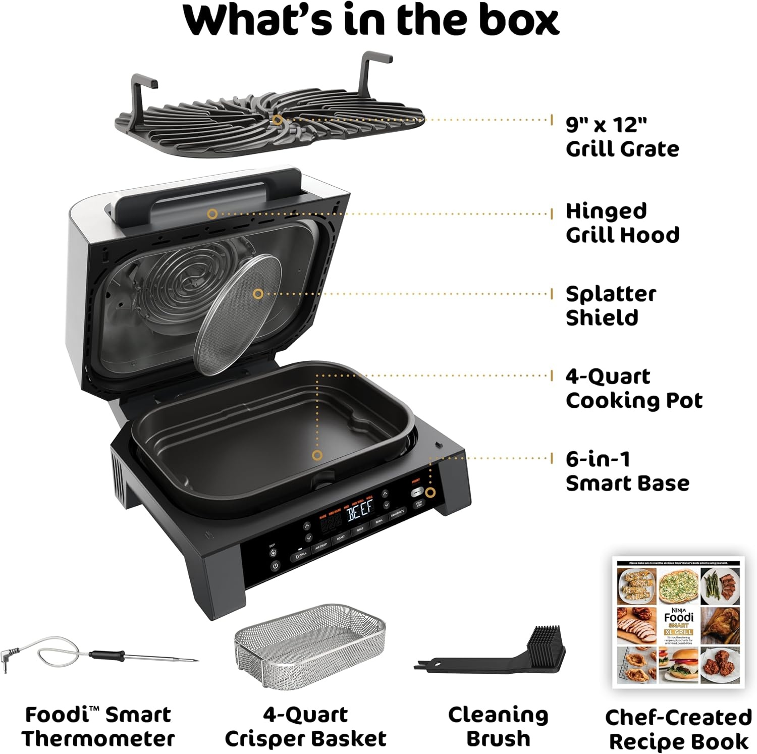 image:imageNinja Foodi 6in1 Indoor Grill amp Air Fryer 500F BlackSilver EG201 Cyclonic Grilling 500F Surround Searing for chargrilled marks virtually smokefree 6in1 Grill Air Fry Roast amp more6in1 w probe