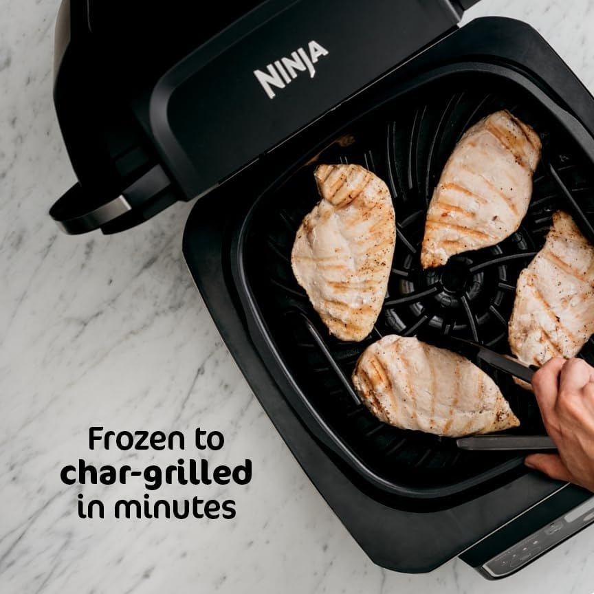 image:imageNinja Foodi 6in1 Indoor Grill amp Air Fryer 500F BlackSilver EG201 Cyclonic Grilling 500F Surround Searing for chargrilled marks virtually smokefree 6in1 Grill Air Fry Roast amp more6in1 Smart XL
