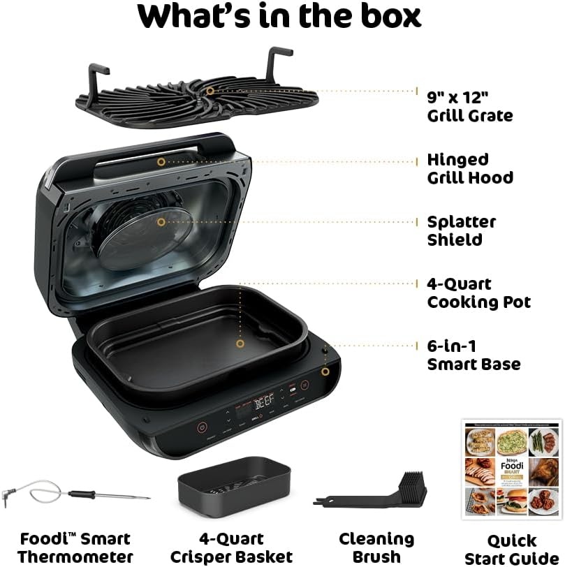 image:imageNinja Foodi 6in1 Indoor Grill amp Air Fryer 500F BlackSilver EG201 Cyclonic Grilling 500F Surround Searing for chargrilled marks virtually smokefree 6in1 Grill Air Fry Roast amp more6in1 Smart XL