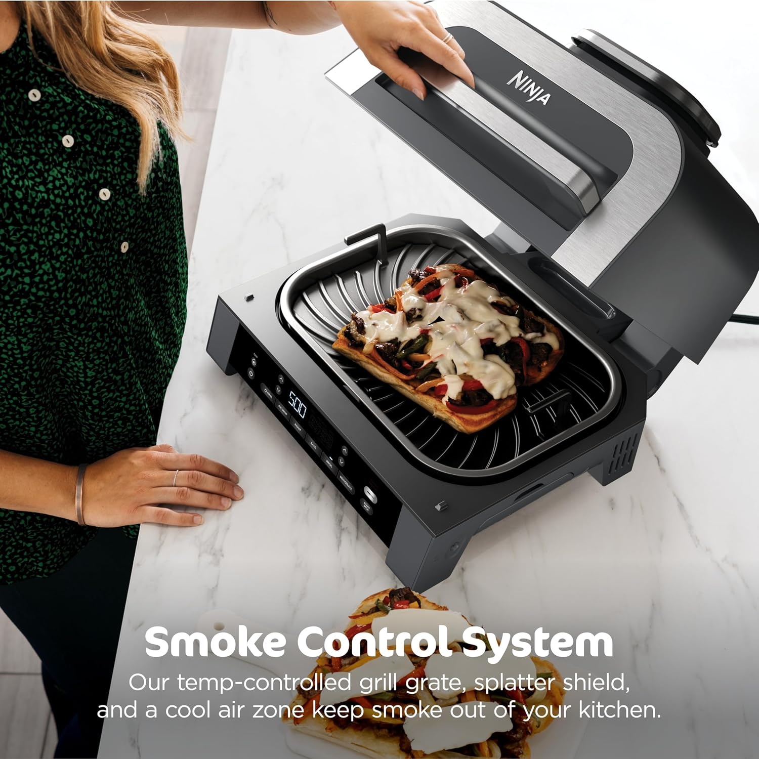 image:imageNinja Foodi 6in1 Indoor Grill amp Air Fryer 500F BlackSilver EG201 Cyclonic Grilling 500F Surround Searing for chargrilled marks virtually smokefree 6in1 Grill Air Fry Roast amp more6in1 w probe