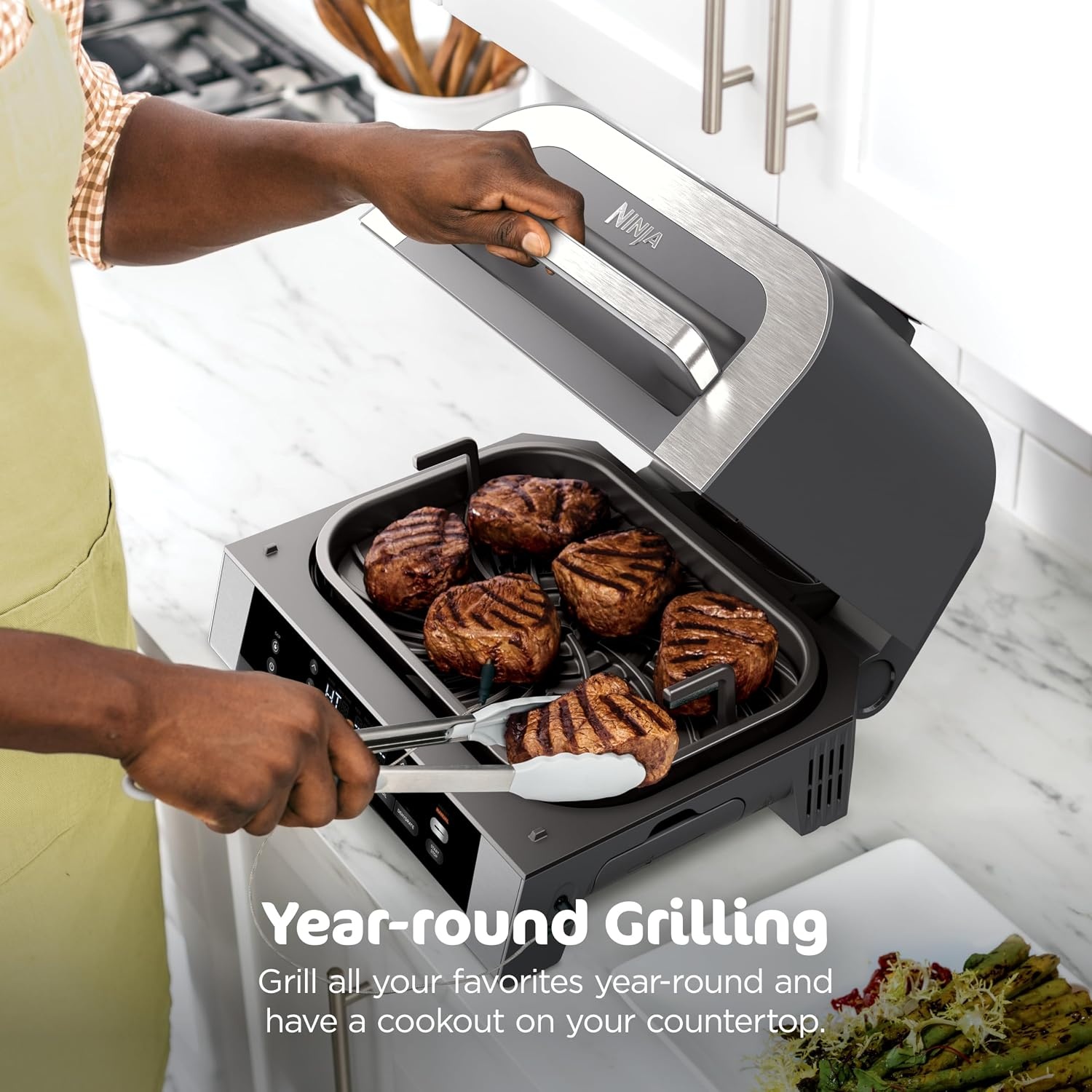 image:imageNinja Foodi 6in1 Indoor Grill amp Air Fryer 500F BlackSilver EG201 Cyclonic Grilling 500F Surround Searing for chargrilled marks virtually smokefree 6in1 Grill Air Fry Roast amp more6in1 w probe