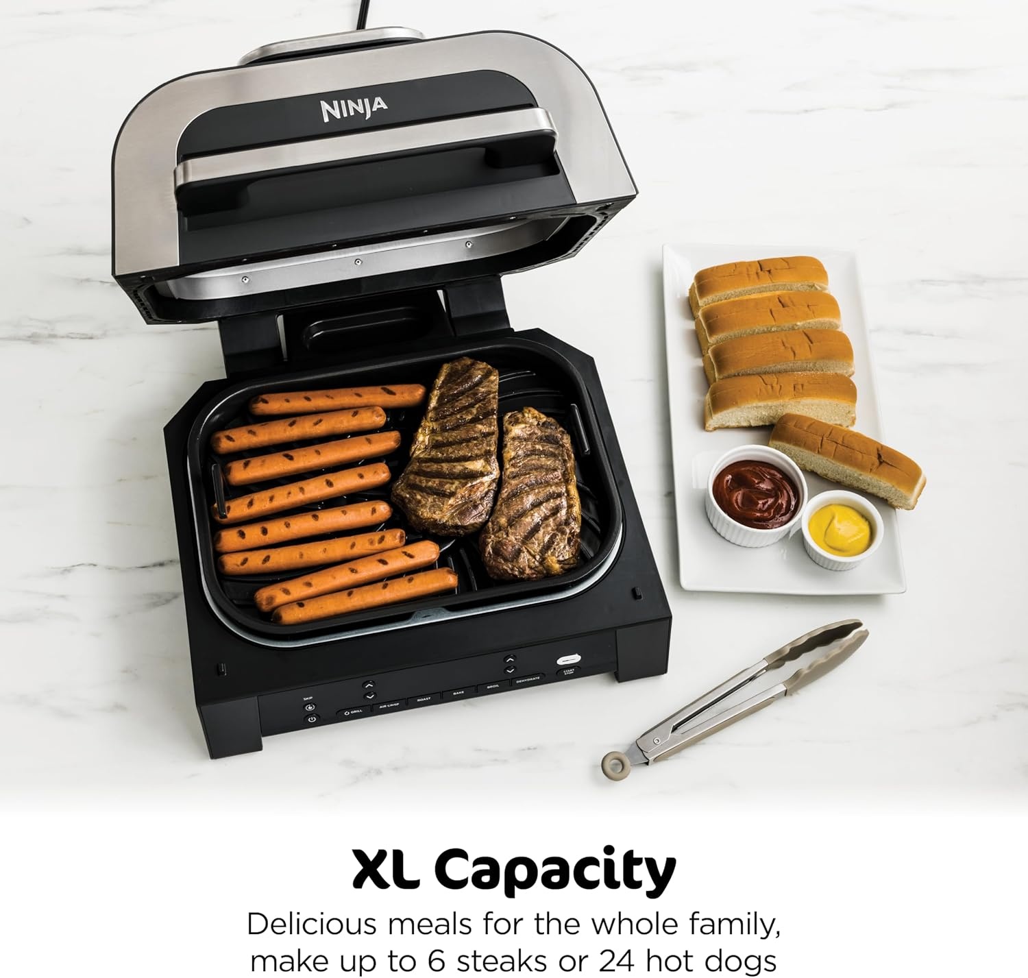 image:imageNinja Foodi 6in1 Indoor Grill amp Air Fryer 500F BlackSilver EG201 Cyclonic Grilling 500F Surround Searing for chargrilled marks virtually smokefree 6in1 Grill Air Fry Roast amp more6in1 w probe