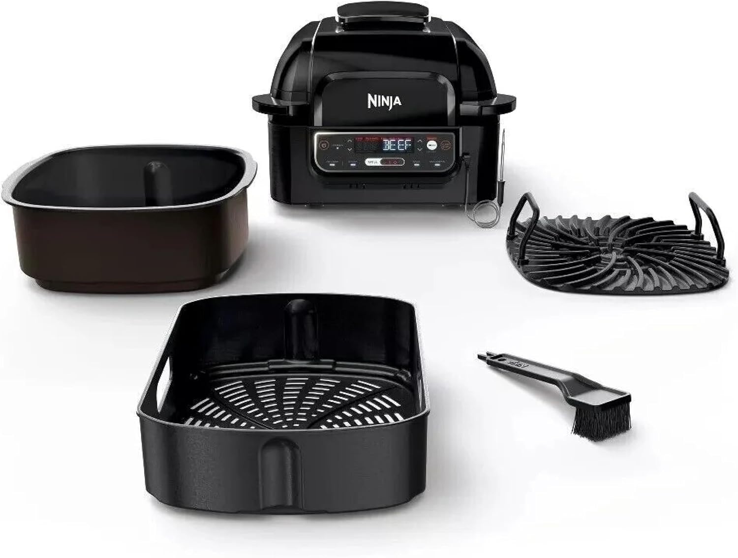 image:imageNinja Foodi Pro 5in1 Indoor Integrated Smart Probe 4Quart Air Fryer Roast Bake Dehydrate an Cyclonic Grilling Technology with 4 Steaks Capacity in a Stainless Finish Integrated Smart Probe Roast Bake Dehydrate Cyclonic Grilling Technology 4 Steaks CapacityStainless