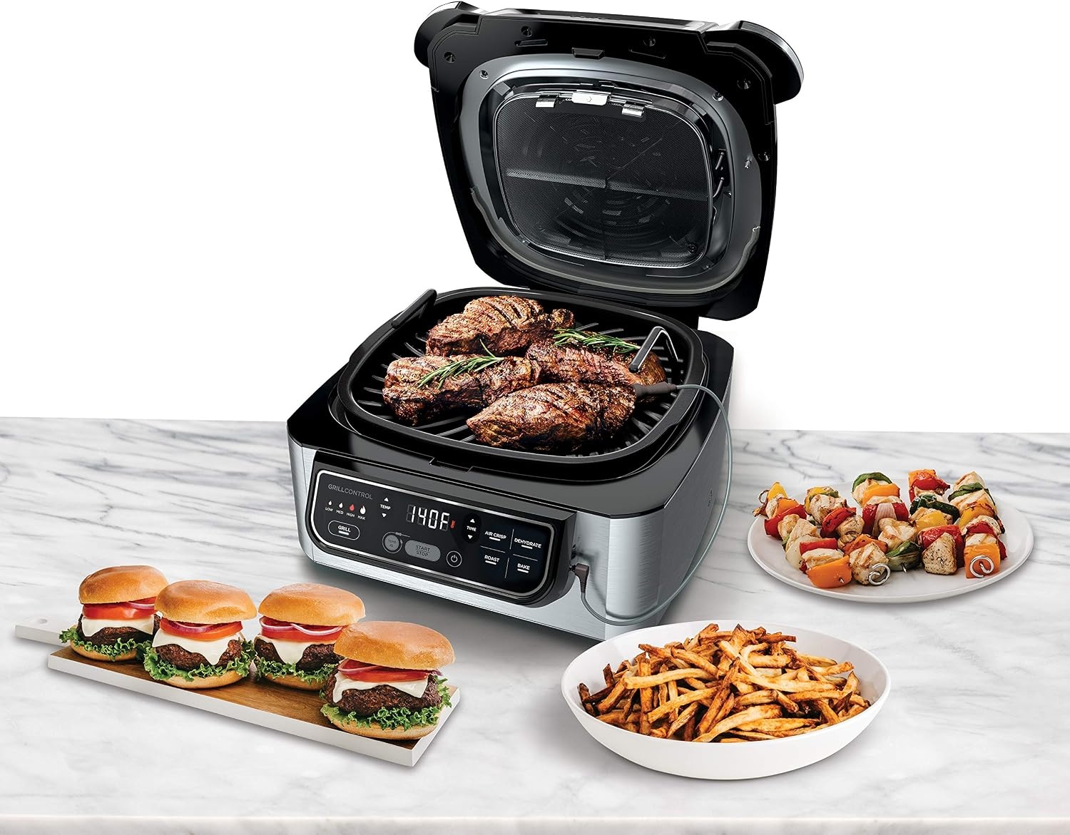 image:imageNinja Foodi Pro 5in1 Indoor Integrated Smart Probe 4Quart Air Fryer Roast Bake Dehydrate an Cyclonic Grilling Technology with 4 Steaks Capacity in a Stainless Finish Integrated Smart Probe Roast Bake Dehydrate Cyclonic Grilling Technology 4 Steaks CapacityStainless