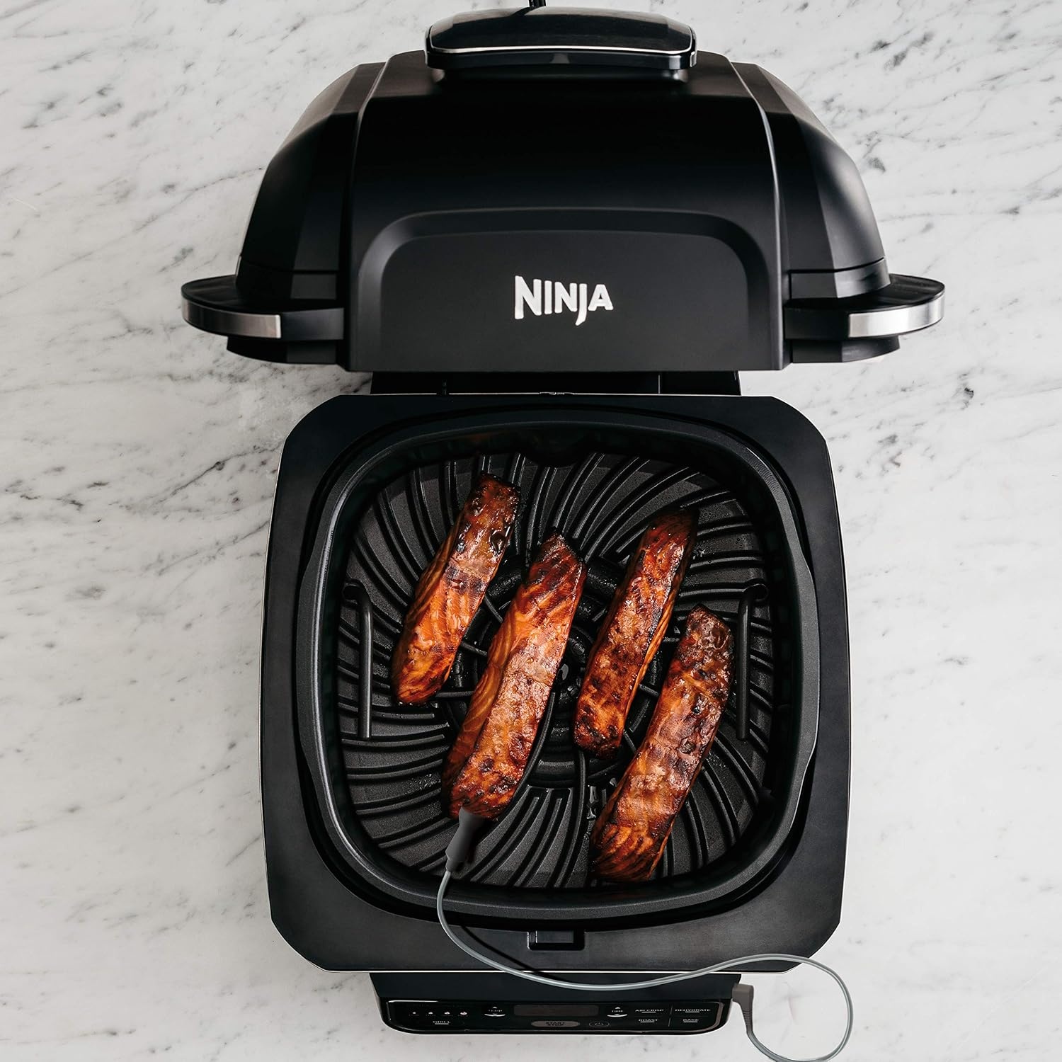 image:imageNinja Foodi Pro 5in1 Indoor Integrated Smart Probe 4Quart Air Fryer Roast Bake Dehydrate an Cyclonic Grilling Technology with 4 Steaks Capacity in a Stainless Finish Integrated Smart Probe Roast Bake Dehydrate Cyclonic Grilling Technology 4 Steaks CapacityStainless