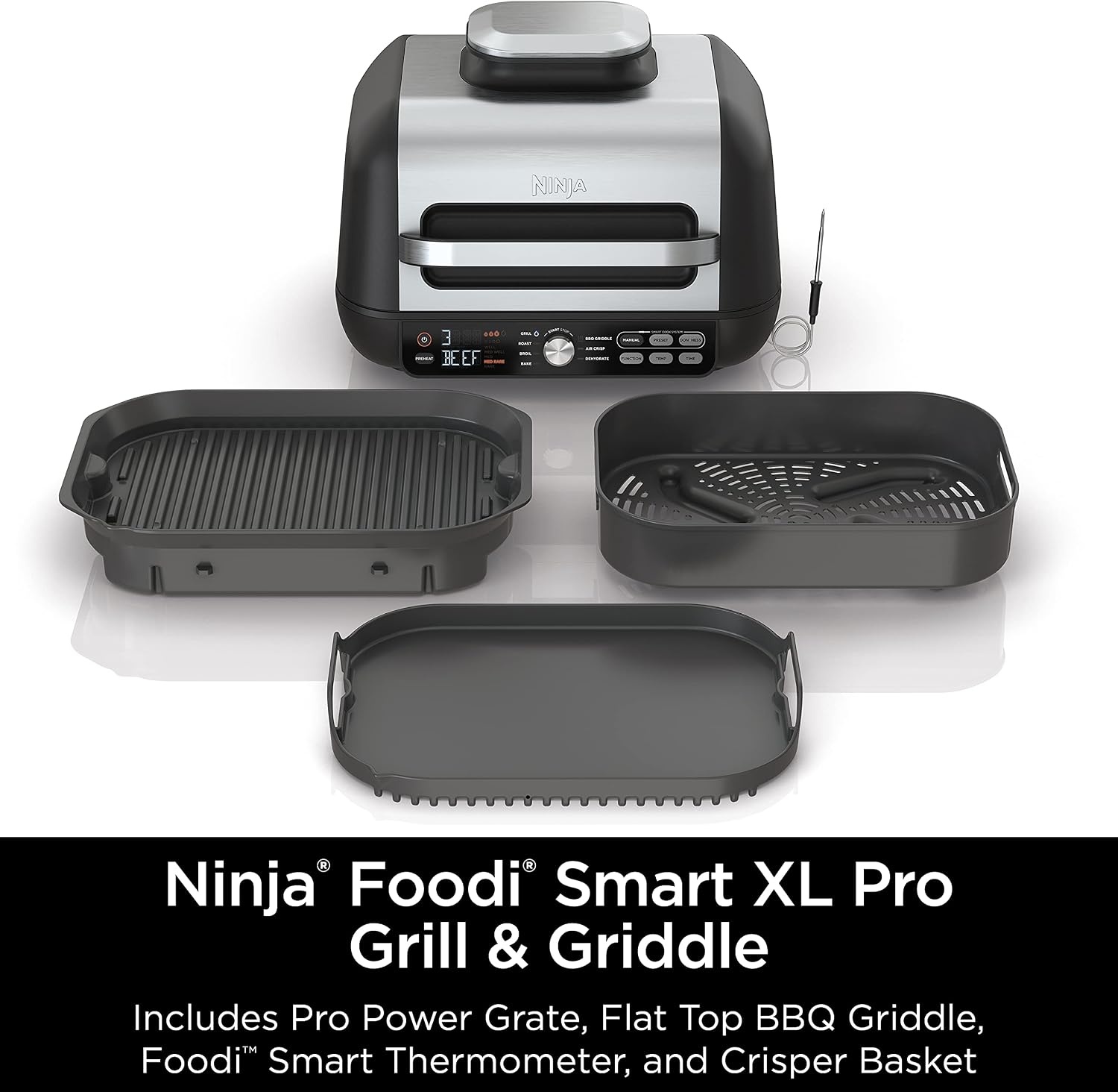 image:imageNinja IG651 Foodi Smart XL Pro 7in1 Indoor GrillGriddle Combo use Opened or Closed Air Fry Dehydrate amp More Pro Power Grate Flat Top Crisper Smart Thermometer Black
