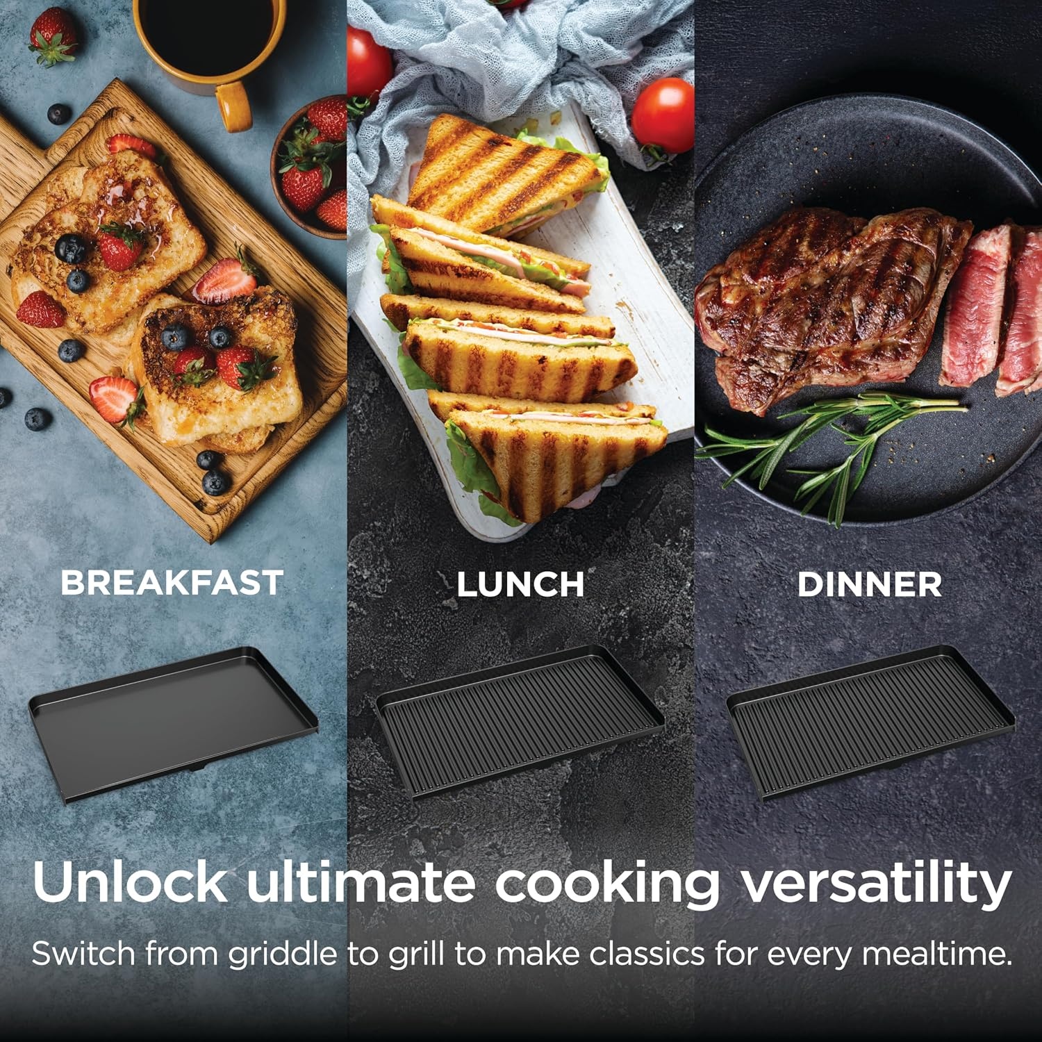 image:imageNinja Sizzle Indoor Grill amp Griddle 14 500F GreySilver GR101 Interchangeable nonstick grill amp griddle plate dishwashersafe lid 500F edgetoedge heat for perfect chargrilled marks20 Inch
