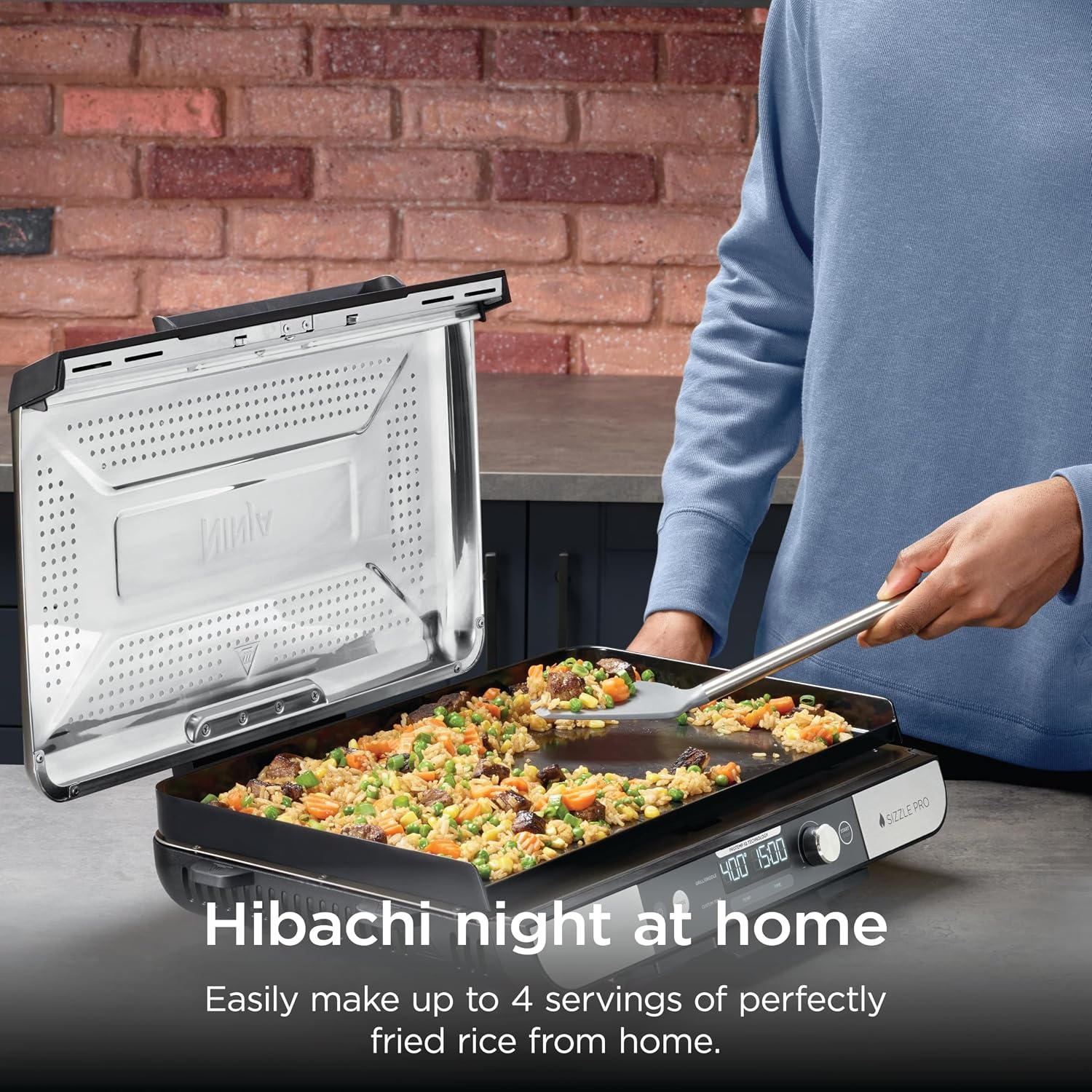 image:imageNinja Sizzle Indoor Grill amp Griddle 14 500F GreySilver GR101 Interchangeable nonstick grill amp griddle plate dishwashersafe lid 500F edgetoedge heat for perfect chargrilled marks20 Inch