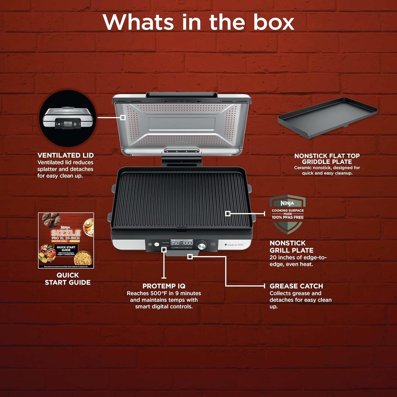 image:imageNinja Sizzle Indoor Grill amp Griddle 14 500F GreySilver GR101 Interchangeable nonstick grill amp griddle plate dishwashersafe lid 500F edgetoedge heat for perfect chargrilled marks20 Inch
