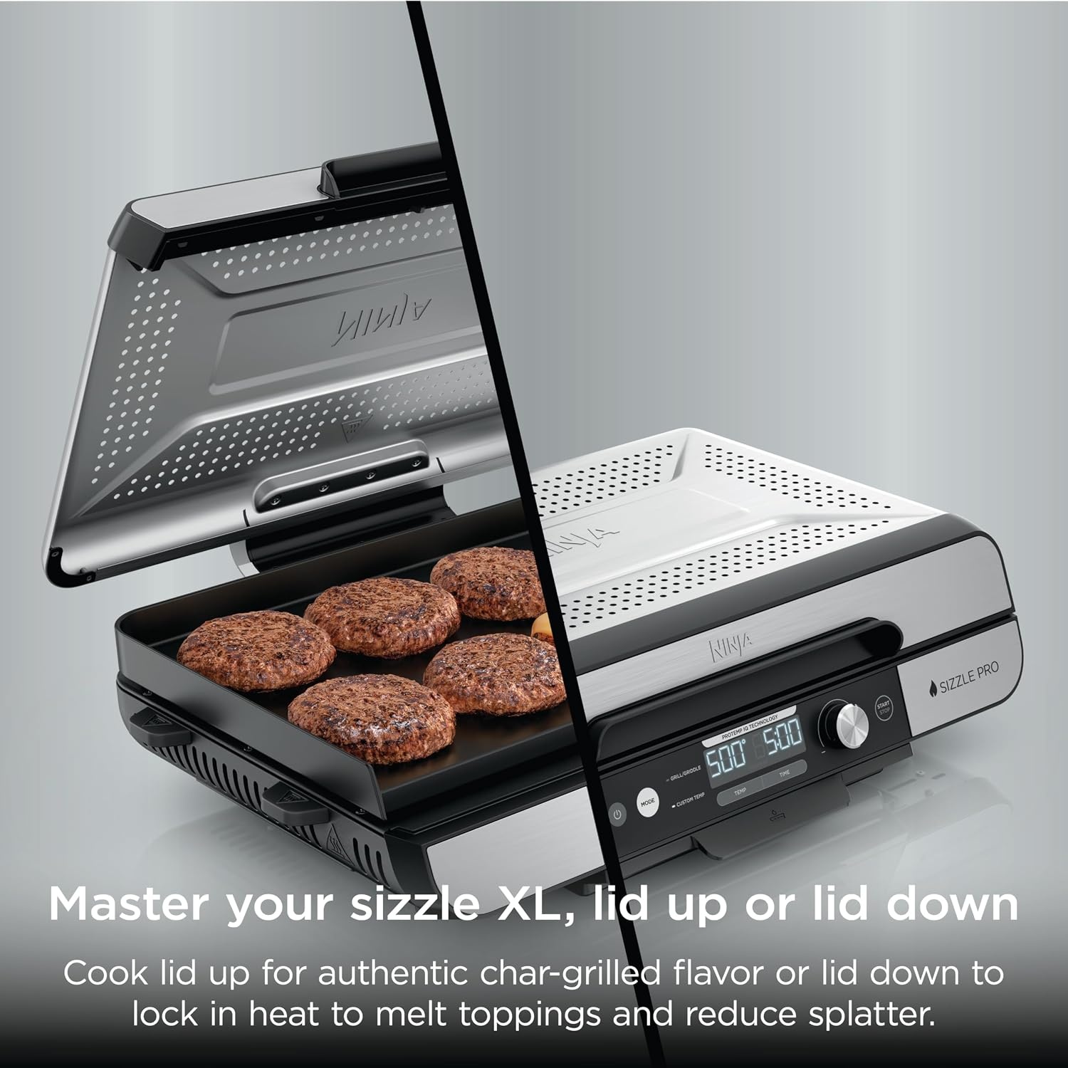 image:imageNinja Sizzle Indoor Grill amp Griddle 14 500F GreySilver GR101 Interchangeable nonstick grill amp griddle plate dishwashersafe lid 500F edgetoedge heat for perfect chargrilled marks20 Inch
