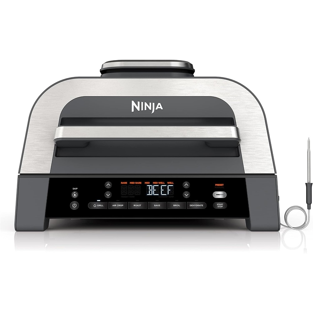 image:imageNinja Foodi 6in1 Indoor Grill amp Air Fryer 500F BlackSilver EG201 Cyclonic Grilling 500F Surround Searing for chargrilled marks virtually smokefree 6in1 Grill Air Fry Roast amp more6in1 w probe