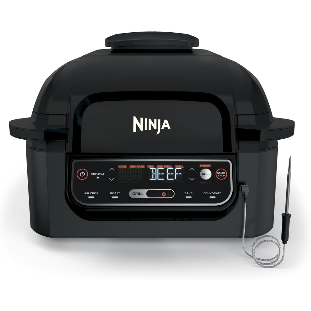 image:imageNinja Foodi 6in1 Indoor Grill amp Air Fryer 500F BlackSilver EG201 Cyclonic Grilling 500F Surround Searing for chargrilled marks virtually smokefree 6in1 Grill Air Fry Roast amp more5in1 Premium w probe