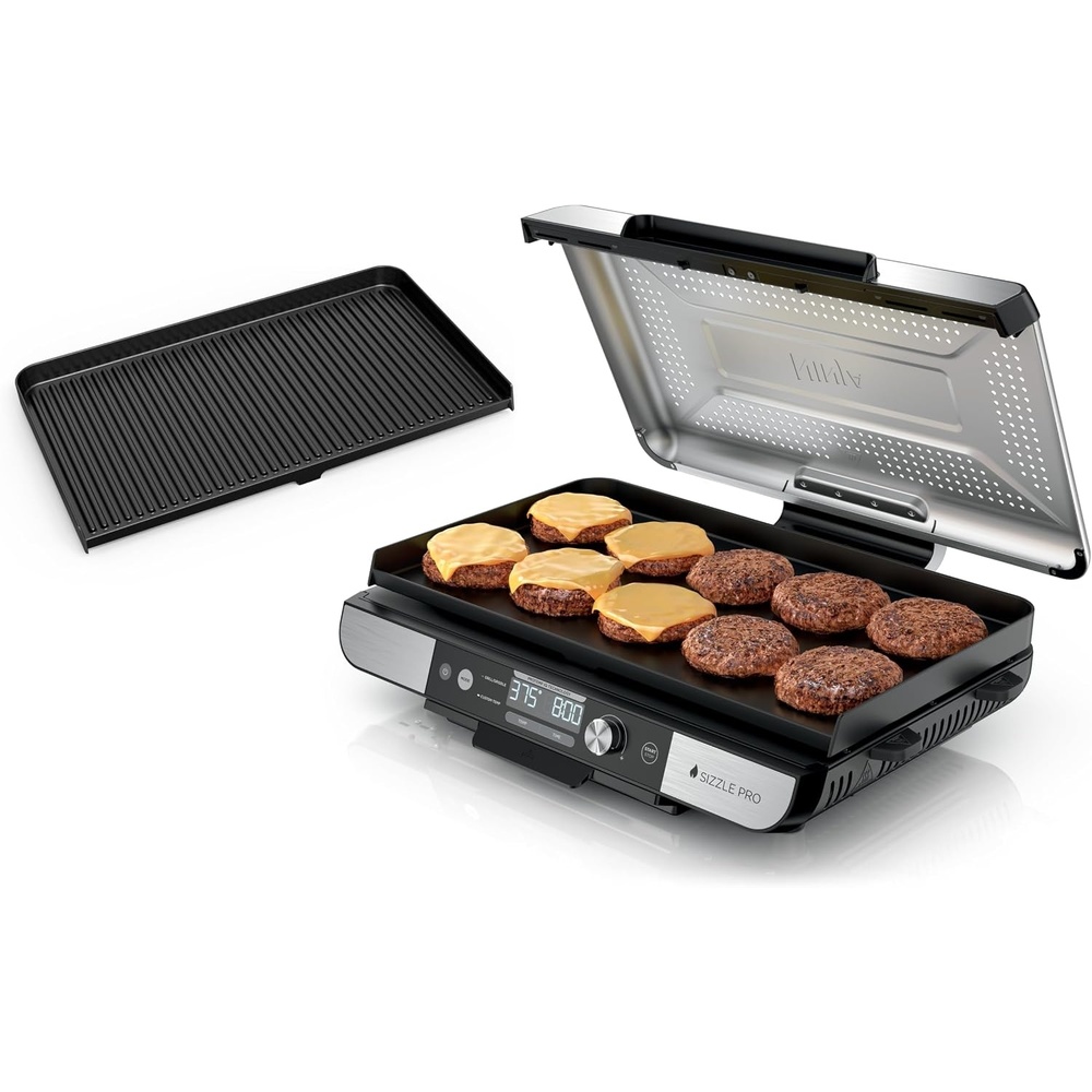 image:imageNinja Sizzle Indoor Grill amp Griddle 14 500F GreySilver GR101 Interchangeable nonstick grill amp griddle plate dishwashersafe lid 500F edgetoedge heat for perfect chargrilled marks20 Inch