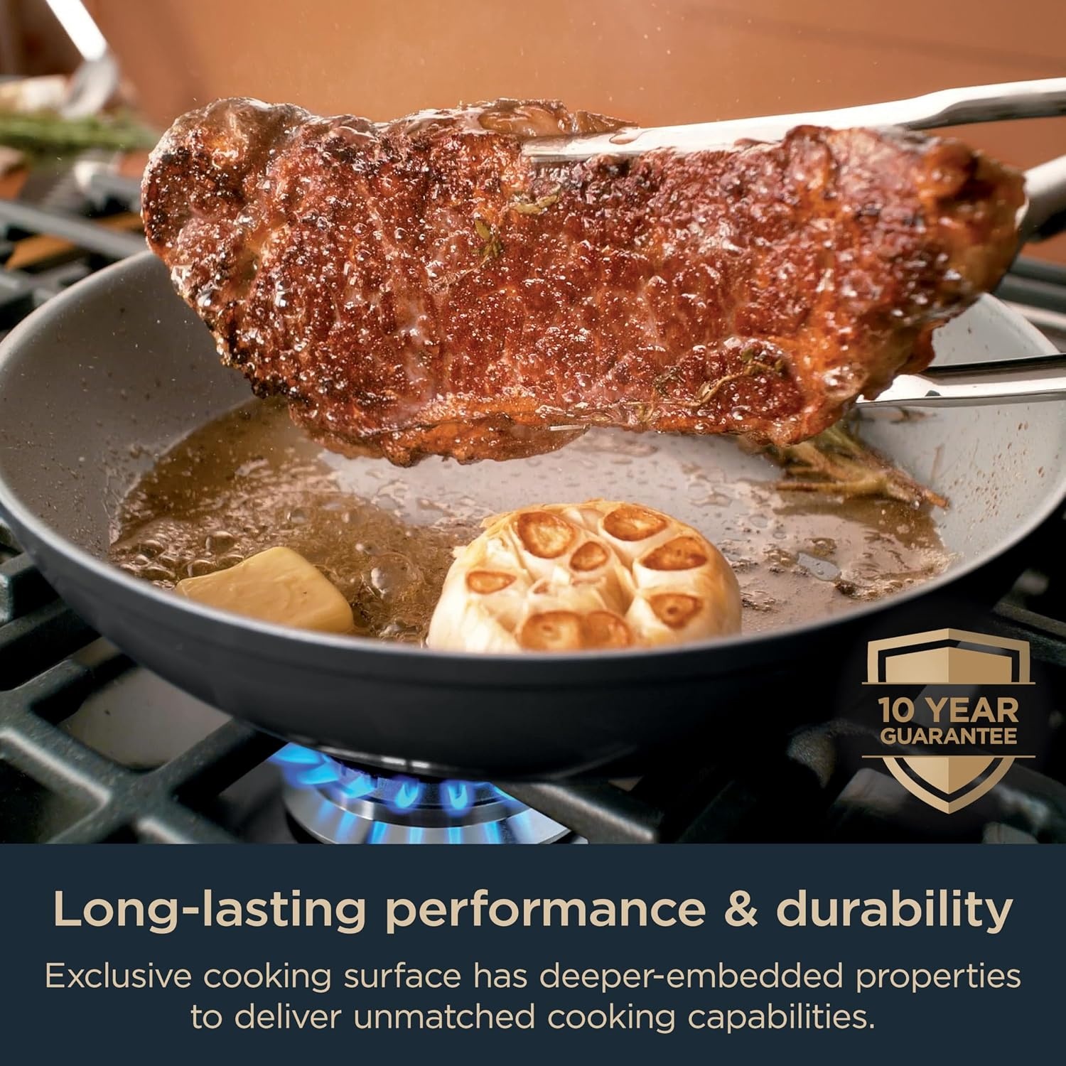 image:imageNinja Ceramic Pro 12 Fry Pan NonStick Pan Nontoxic PTFE Free Ceramic Coated Stainless Steel Handle Stove and Oven Safe to 550F All Stovetops amp Induction Compatible Black CW30030BK8 Fry Pan Midnight Blue