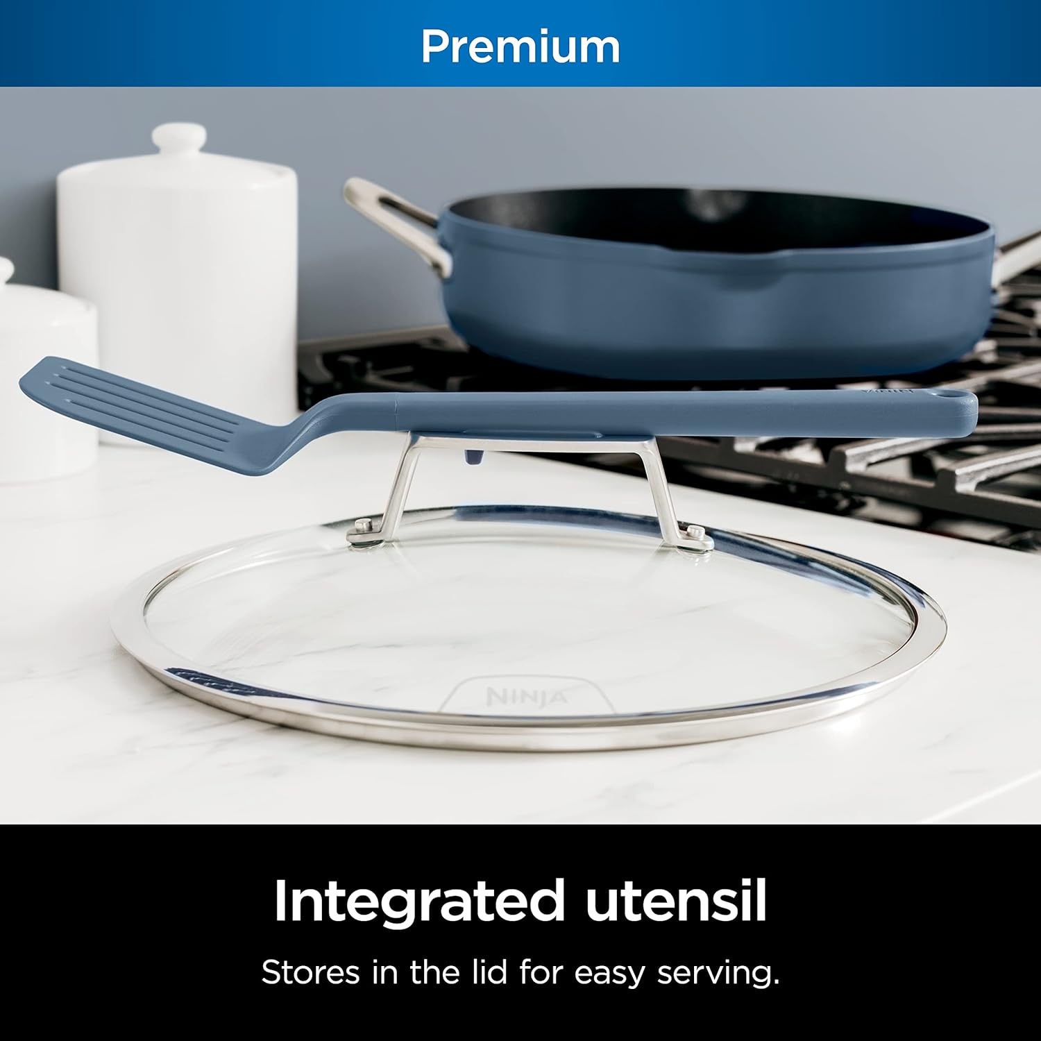 image:imageNinja Cookware Steamer Strainer Basket Glass Lid and Spatula Foodi NeverStick PossiblePan Premium Set with 4Quart Capacity Pan Nonstick Durable Oven Safe Cookware Cherry Tart CW102BLMacaron Blue