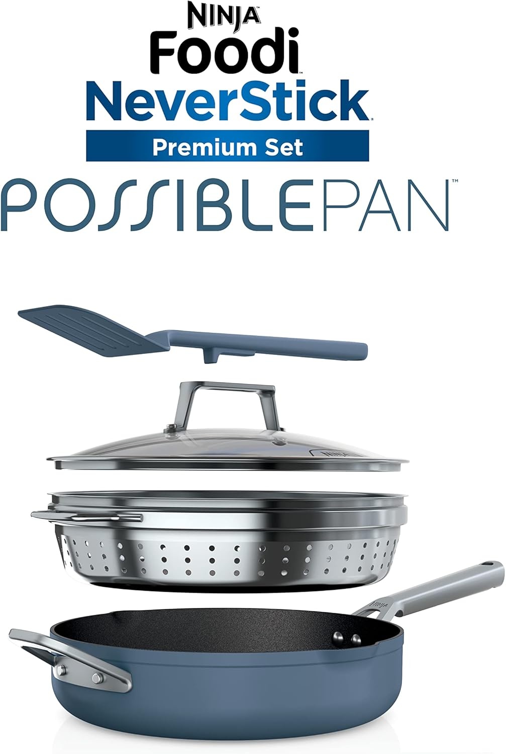 image:imageNinja Cookware Steamer Strainer Basket Glass Lid and Spatula Foodi NeverStick PossiblePan Premium Set with 4Quart Capacity Pan Nonstick Durable Oven Safe Cookware Cherry Tart CW102BLMacaron Blue