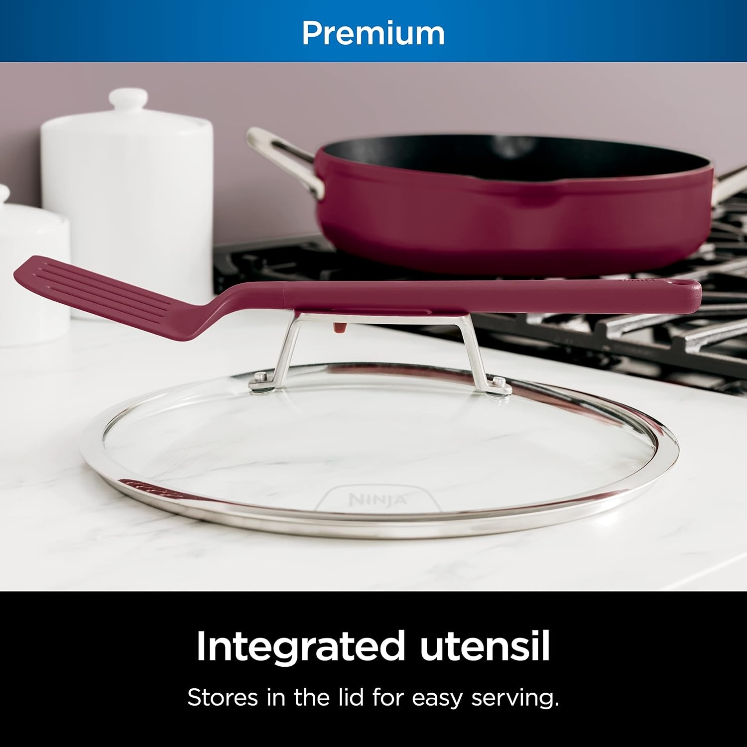 image:imageNinja Cookware Steamer Strainer Basket Glass Lid and Spatula Foodi NeverStick PossiblePan Premium Set with 4Quart Capacity Pan Nonstick Durable Oven Safe Cookware Cherry Tart CW102BLCherry Tart