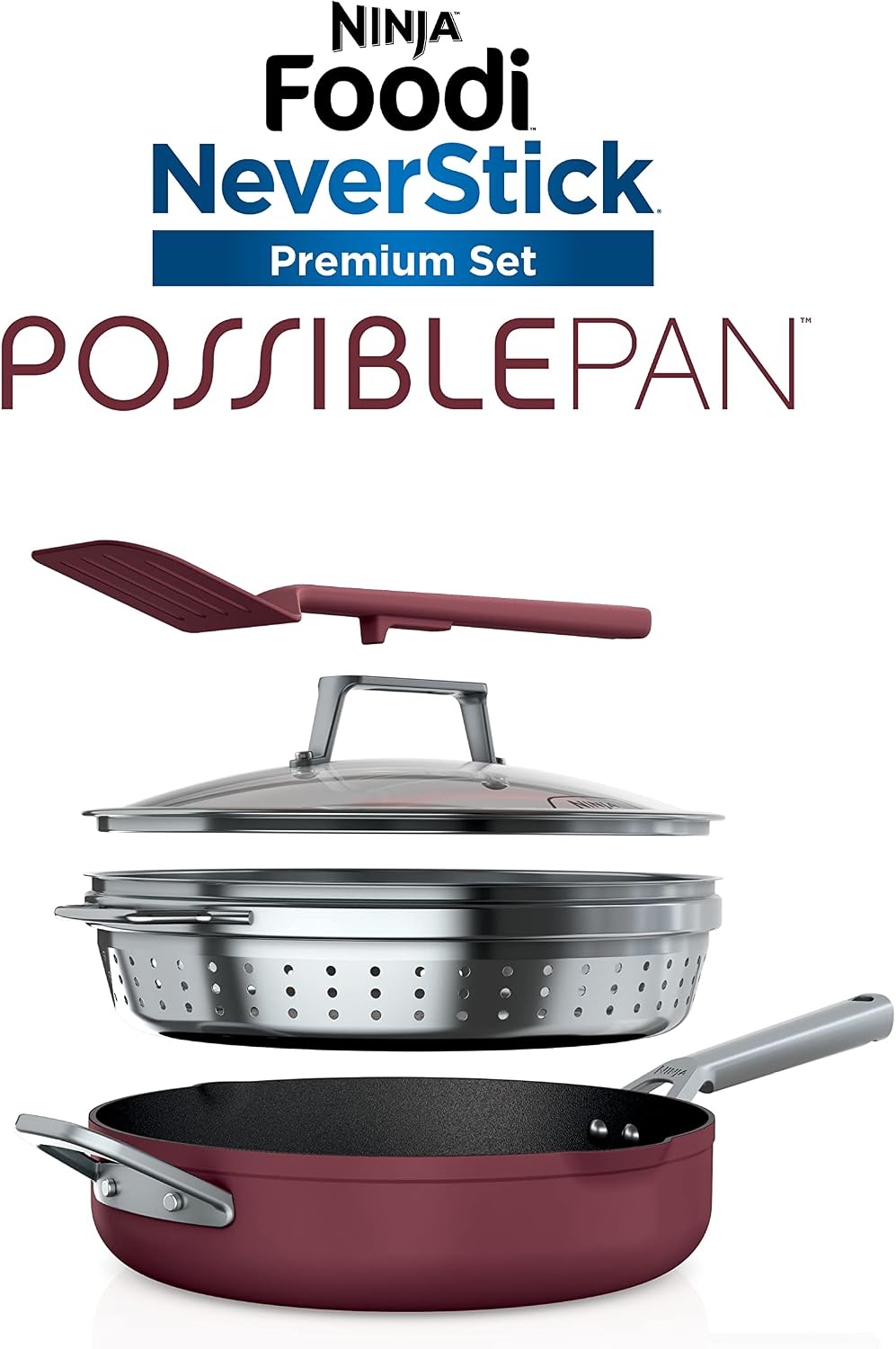 image:imageNinja Cookware Steamer Strainer Basket Glass Lid and Spatula Foodi NeverStick PossiblePan Premium Set with 4Quart Capacity Pan Nonstick Durable Oven Safe Cookware Cherry Tart CW102BLCherry Tart