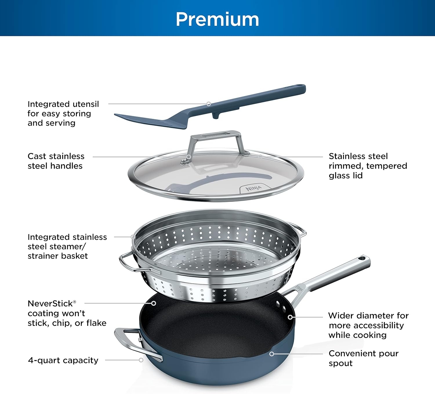 image:imageNinja Cookware Steamer Strainer Basket Glass Lid and Spatula Foodi NeverStick PossiblePan Premium Set with 4Quart Capacity Pan Nonstick Durable Oven Safe Cookware Cherry Tart CW102BLMacaron Blue