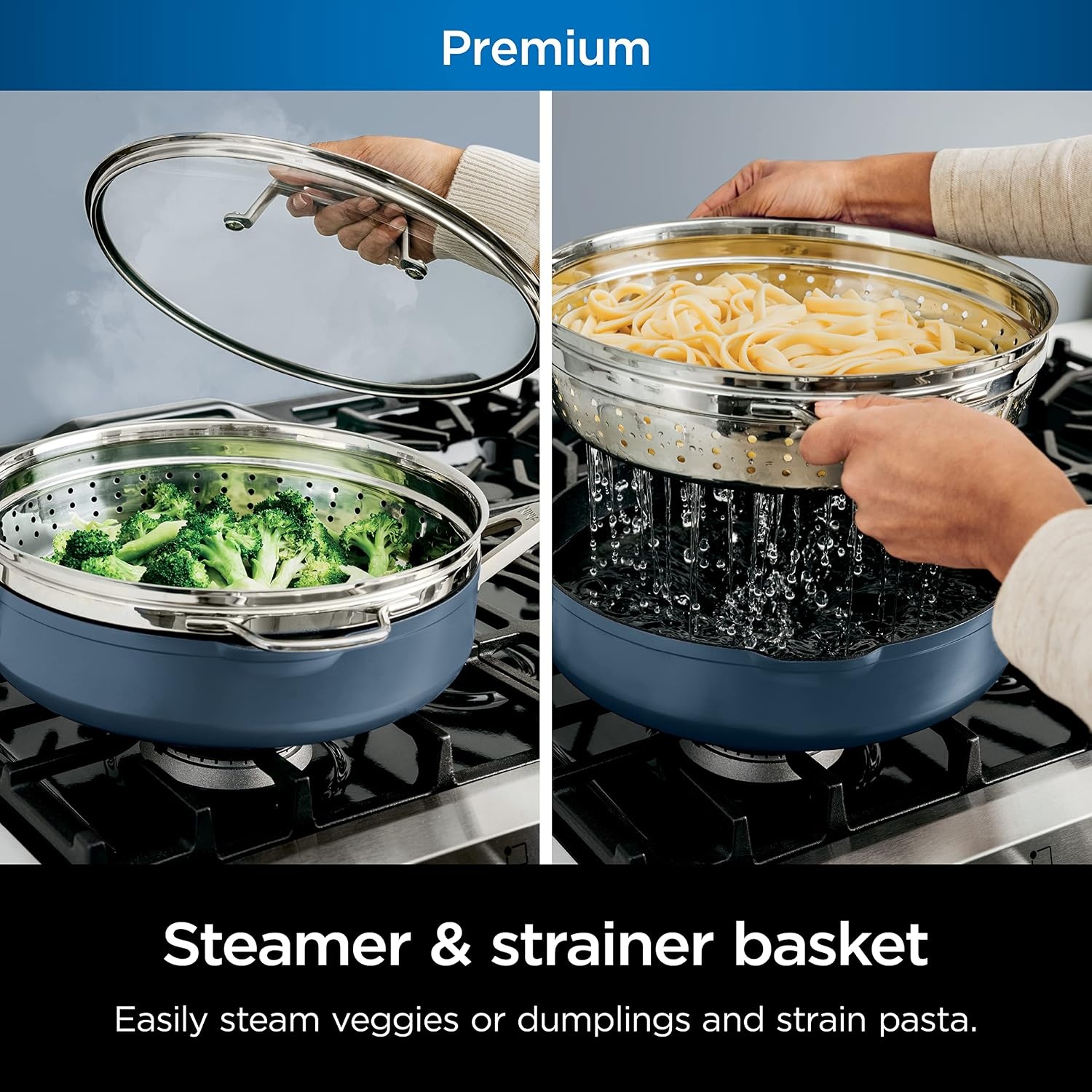 image:imageNinja Cookware Steamer Strainer Basket Glass Lid and Spatula Foodi NeverStick PossiblePan Premium Set with 4Quart Capacity Pan Nonstick Durable Oven Safe Cookware Cherry Tart CW102BLMacaron Blue