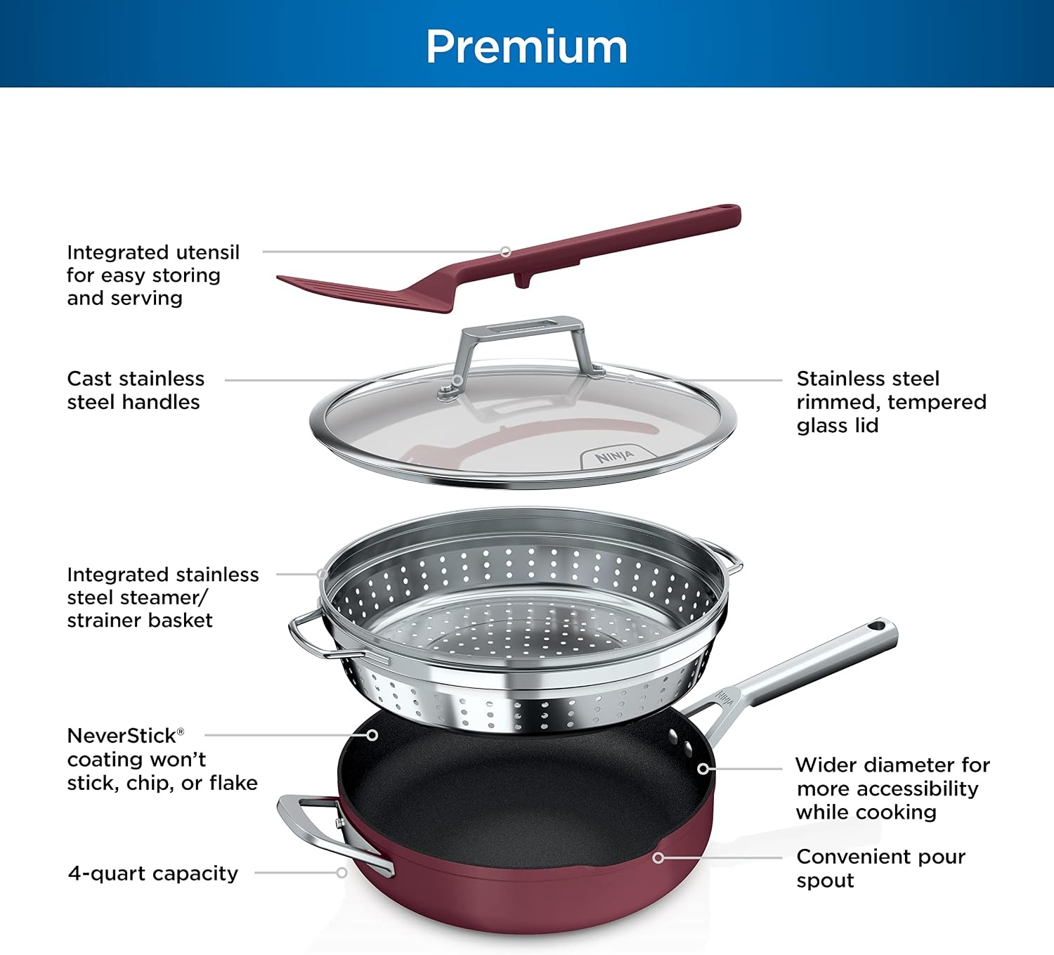 image:imageNinja Cookware Steamer Strainer Basket Glass Lid and Spatula Foodi NeverStick PossiblePan Premium Set with 4Quart Capacity Pan Nonstick Durable Oven Safe Cookware Cherry Tart CW102BLCherry Tart
