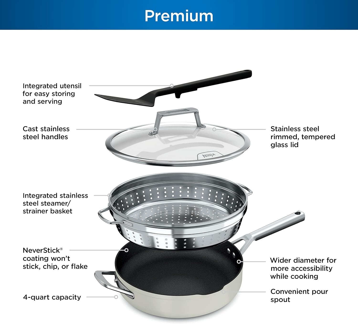 image:imageNinja Cookware Steamer Strainer Basket Glass Lid and Spatula Foodi NeverStick PossiblePan Premium Set with 4Quart Capacity Pan Nonstick Durable Oven Safe Cookware Cherry Tart CW102BLVanilla Bean