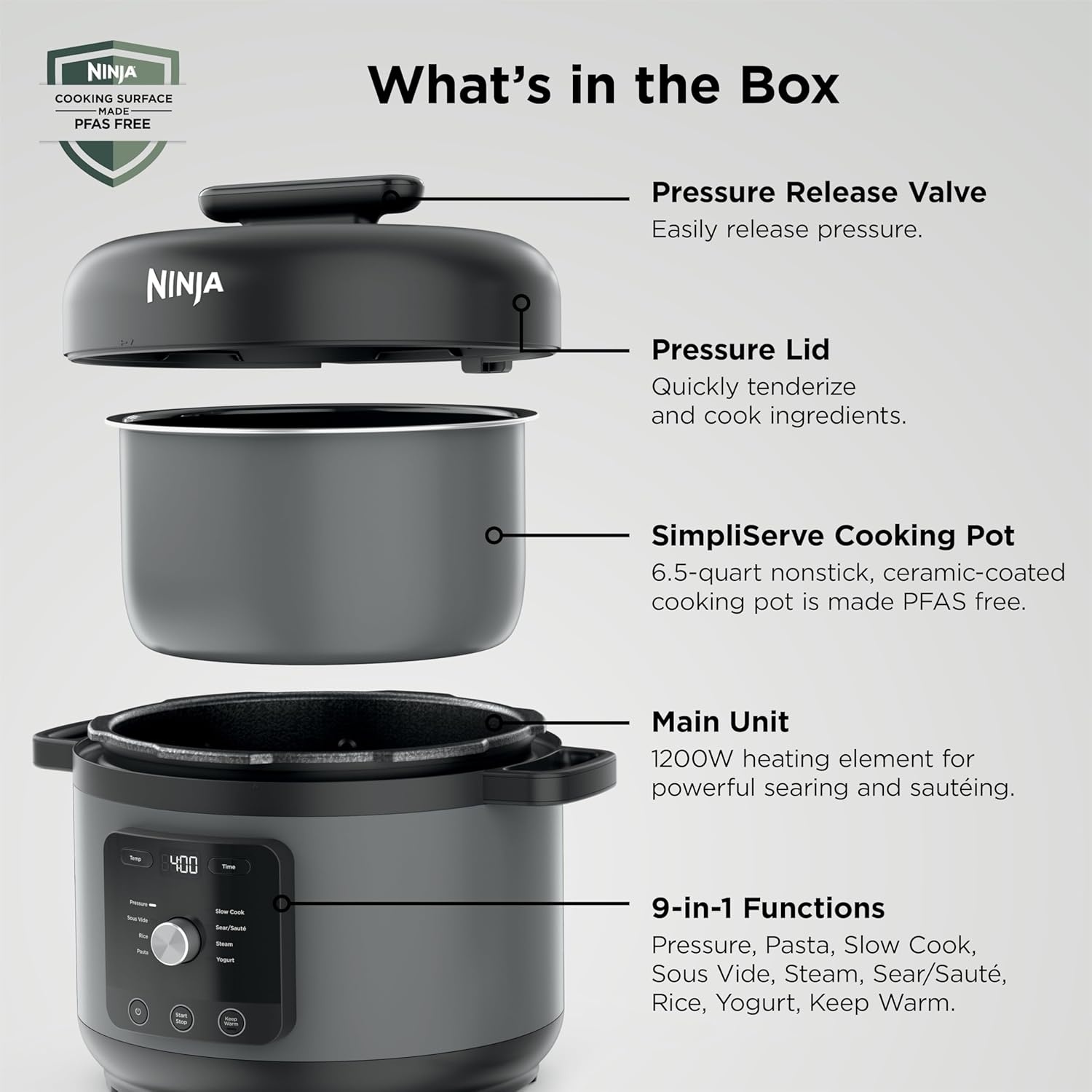 image:imageNinja HyperHeat 9in1 Pressure Cooker 65qt Blue Macaron PC201 Cooks 2X faster Sear Saut Slow Cook Steam amp Sous Vide 1200W PFASfree pot removable SimpliServe pot for easy servingGrey