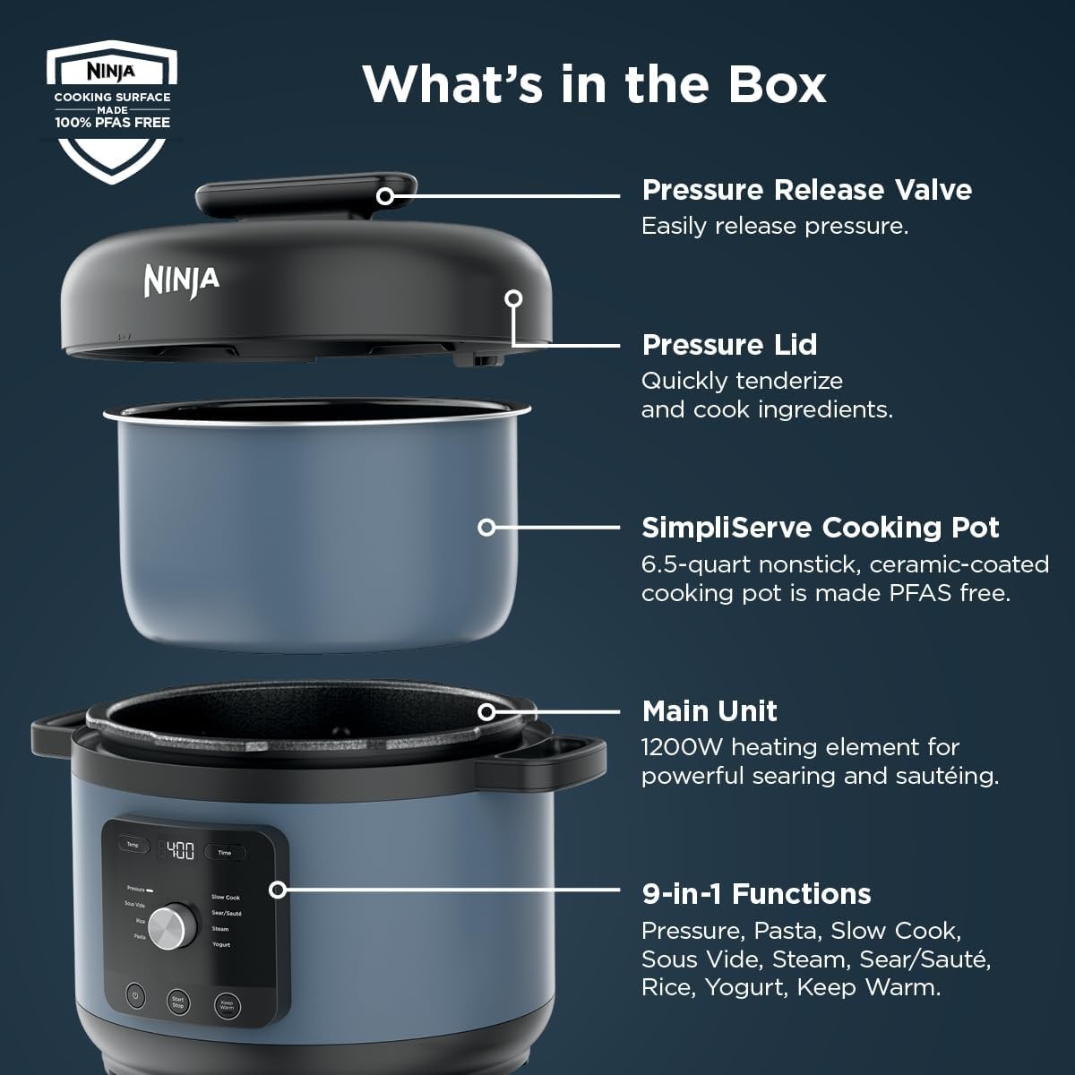 image:imageNinja HyperHeat 9in1 Pressure Cooker 65qt Blue Macaron PC201 Cooks 2X faster Sear Saut Slow Cook Steam amp Sous Vide 1200W PFASfree pot removable SimpliServe pot for easy servingBlue Macaron
