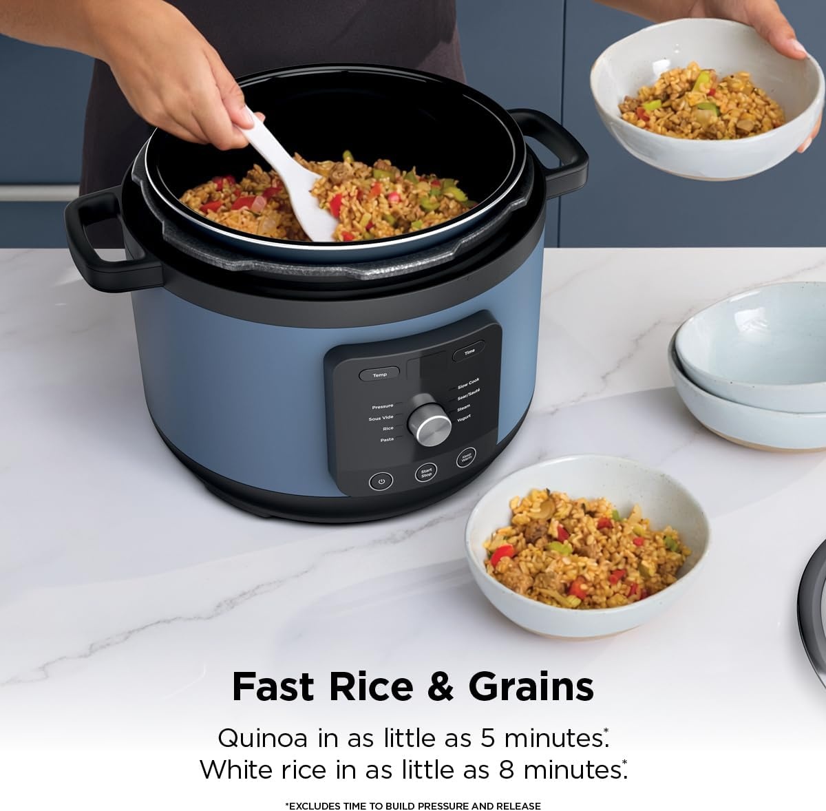 image:imageNinja HyperHeat 9in1 Pressure Cooker 65qt Blue Macaron PC201 Cooks 2X faster Sear Saut Slow Cook Steam amp Sous Vide 1200W PFASfree pot removable SimpliServe pot for easy servingBlue Macaron